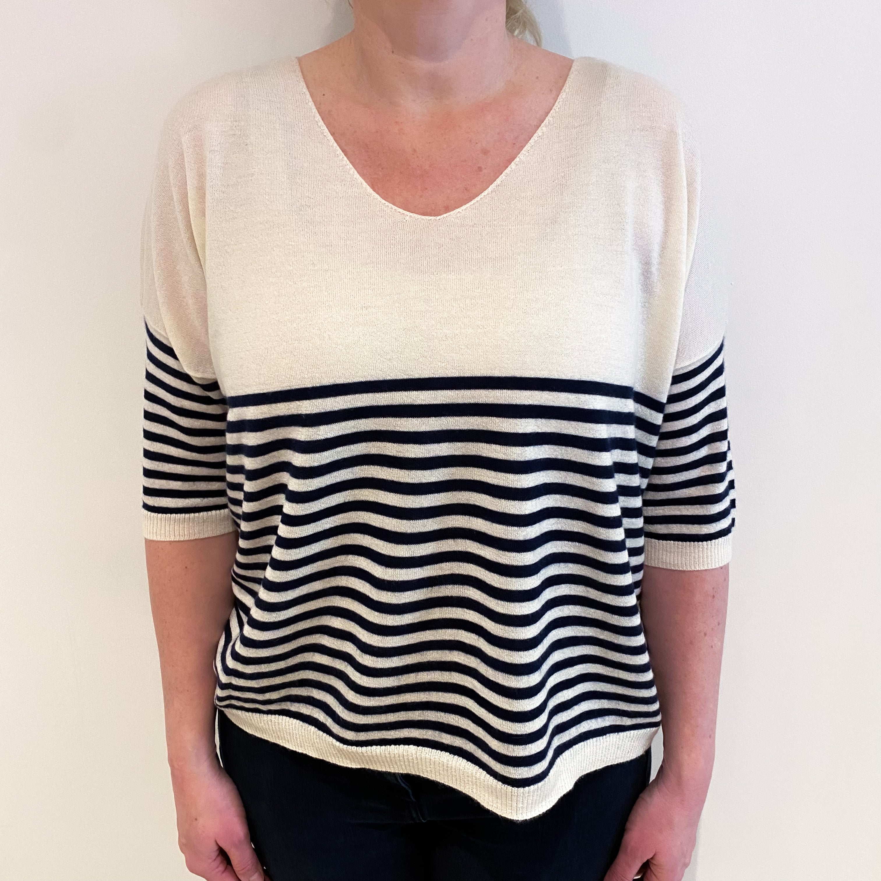 Ivory And Navy Striped Cashmere V Neck Short Sleeved Jumper Large