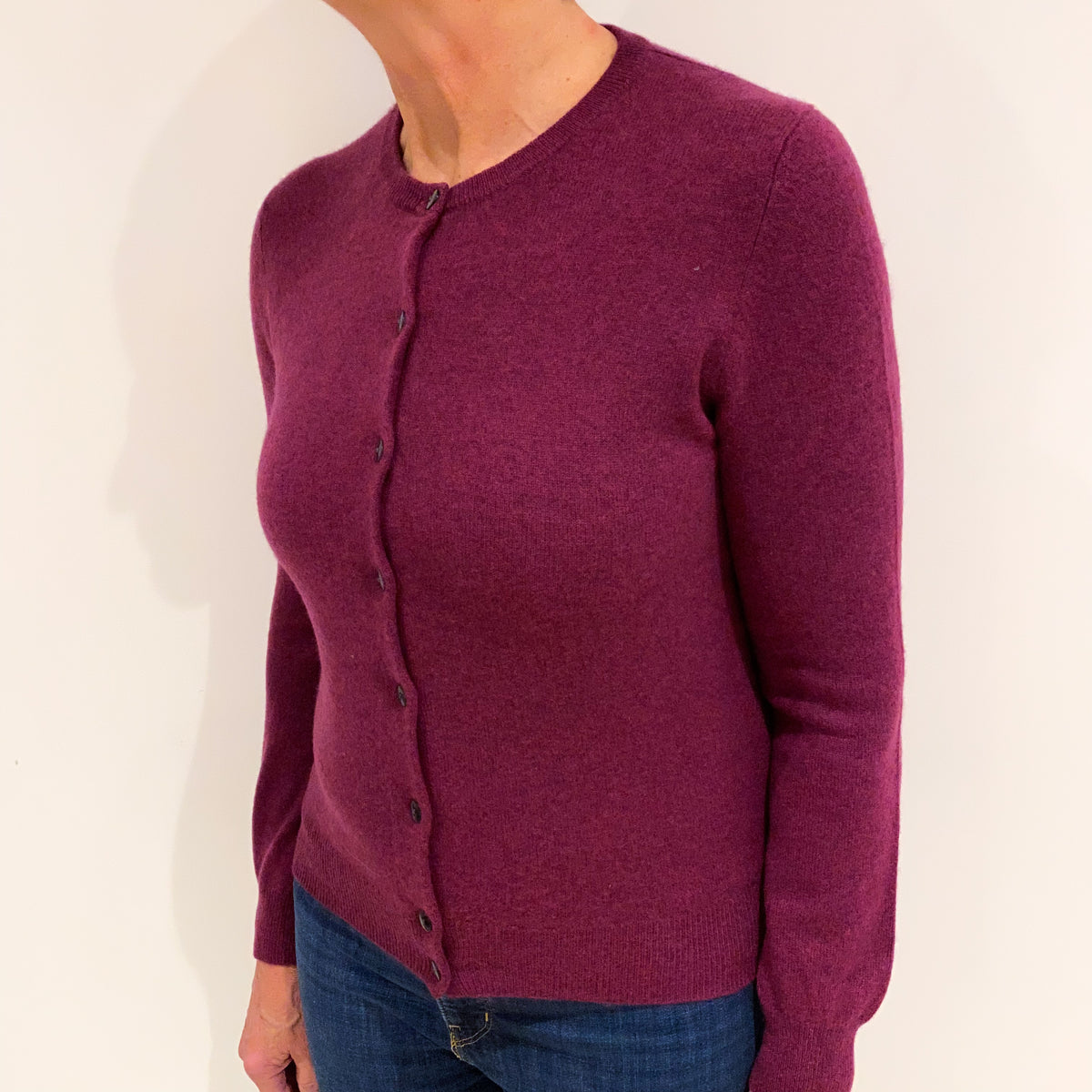 Plum Purple Cashmere Crew Neck Cardigan Medium