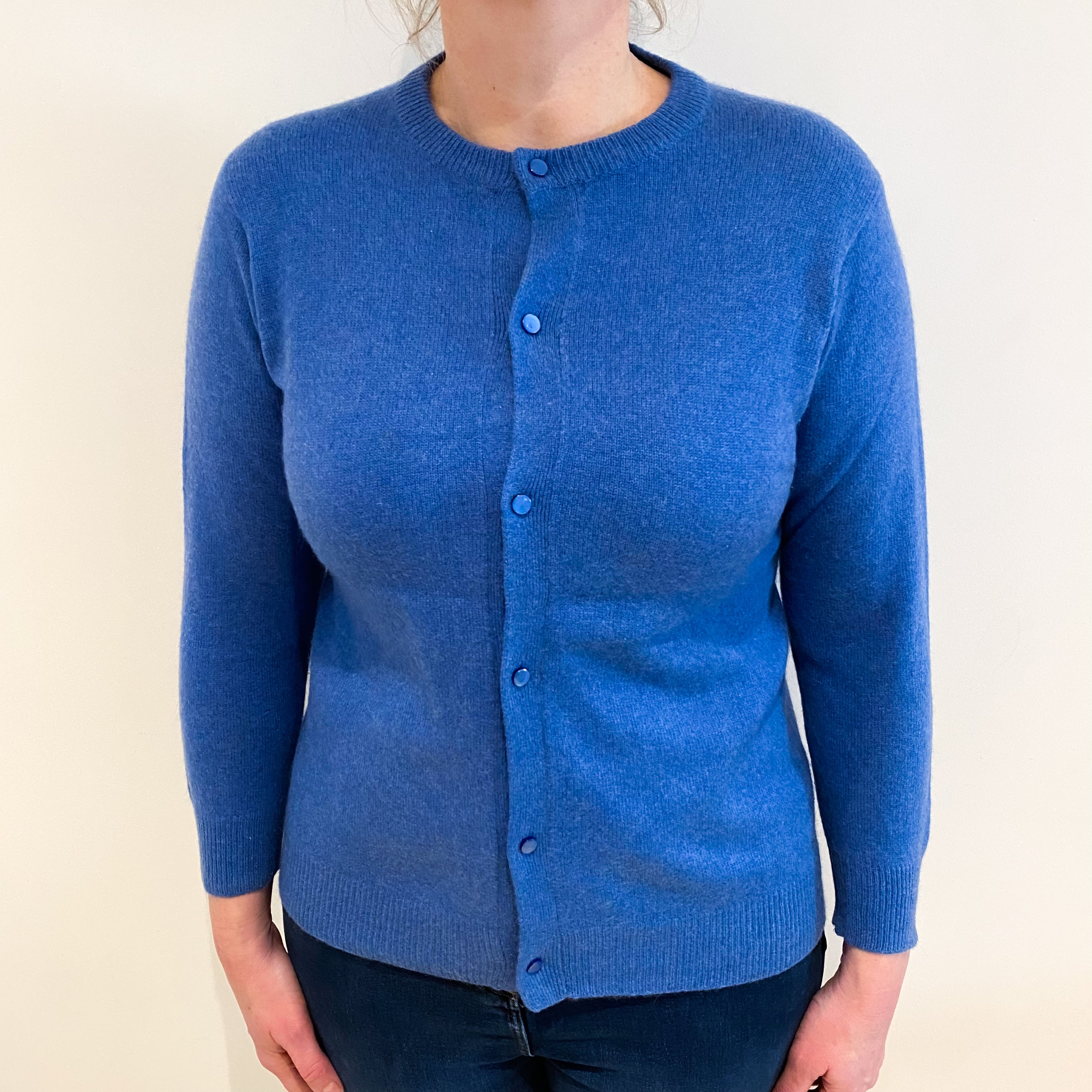 Tanzanite Blue Cashmere Crew Neck Cardigan Large