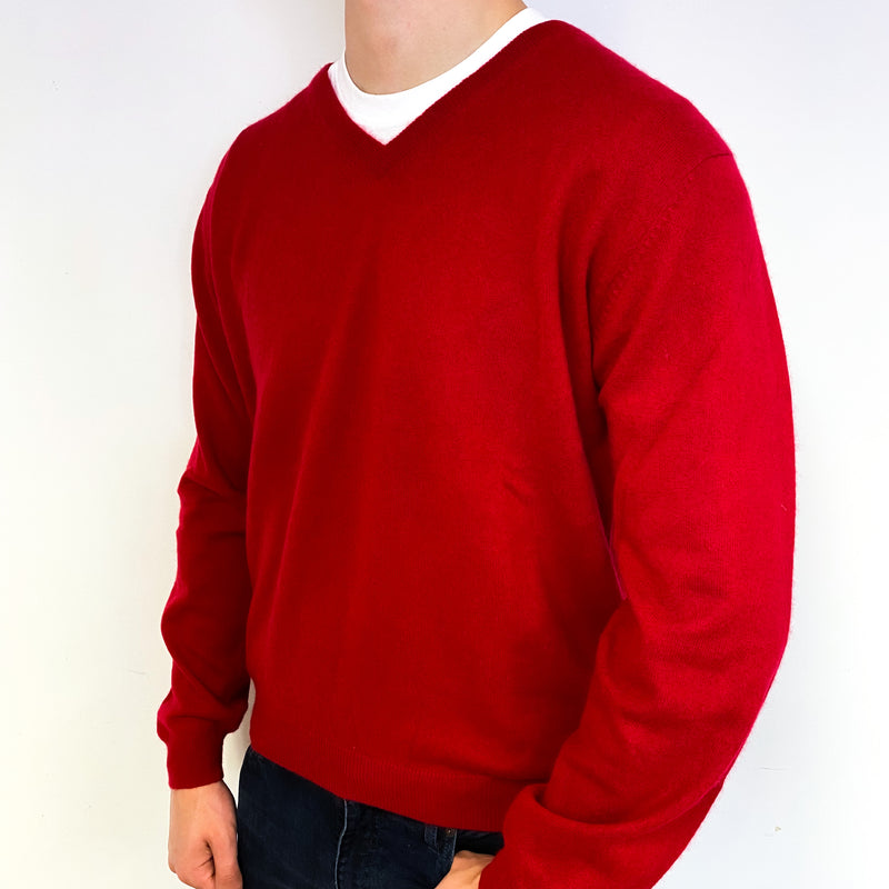 Men's Ruby Red Cashmere V-Neck Jumper Extra Large