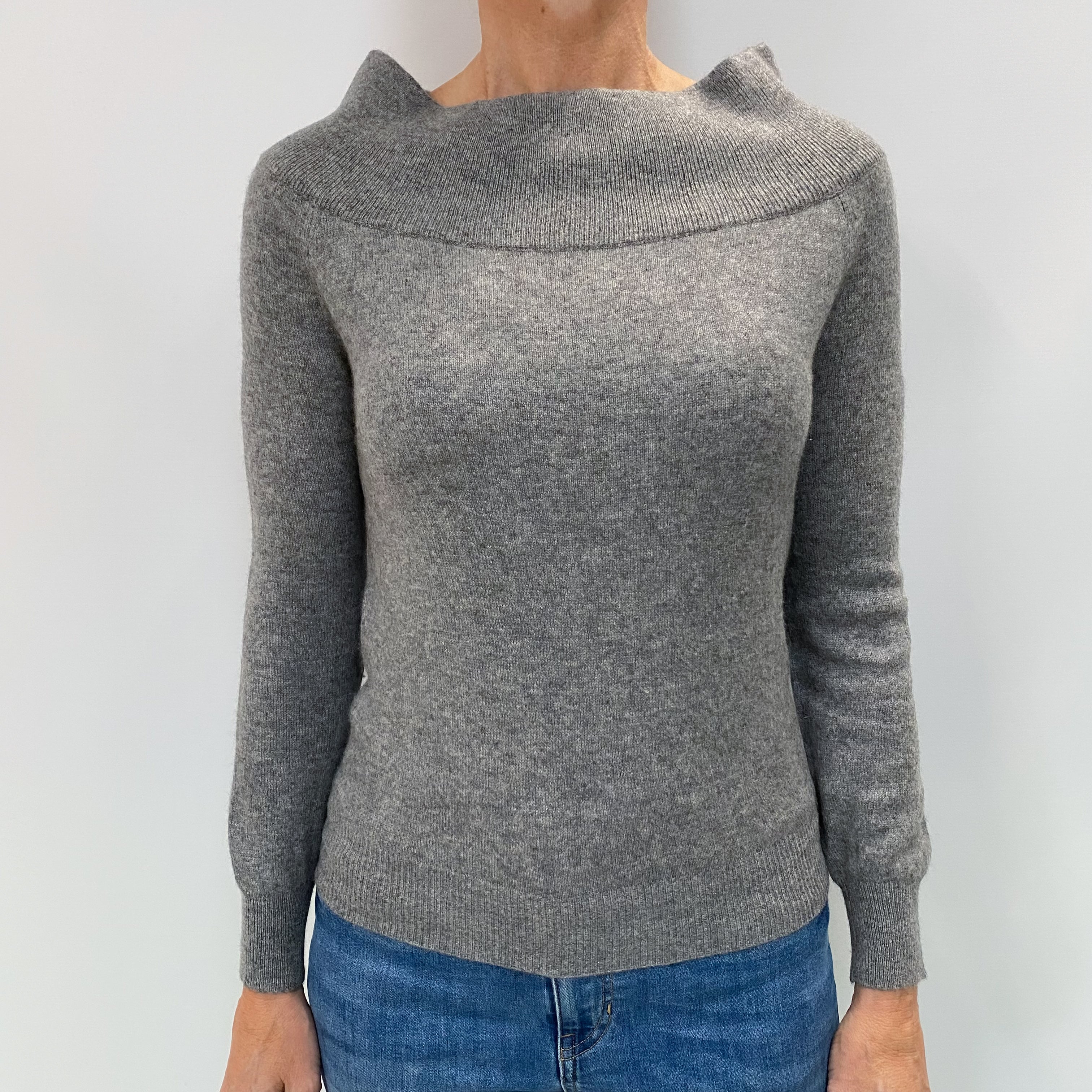 Ash Grey Cashmere Wide Boat Neck Jumper Small