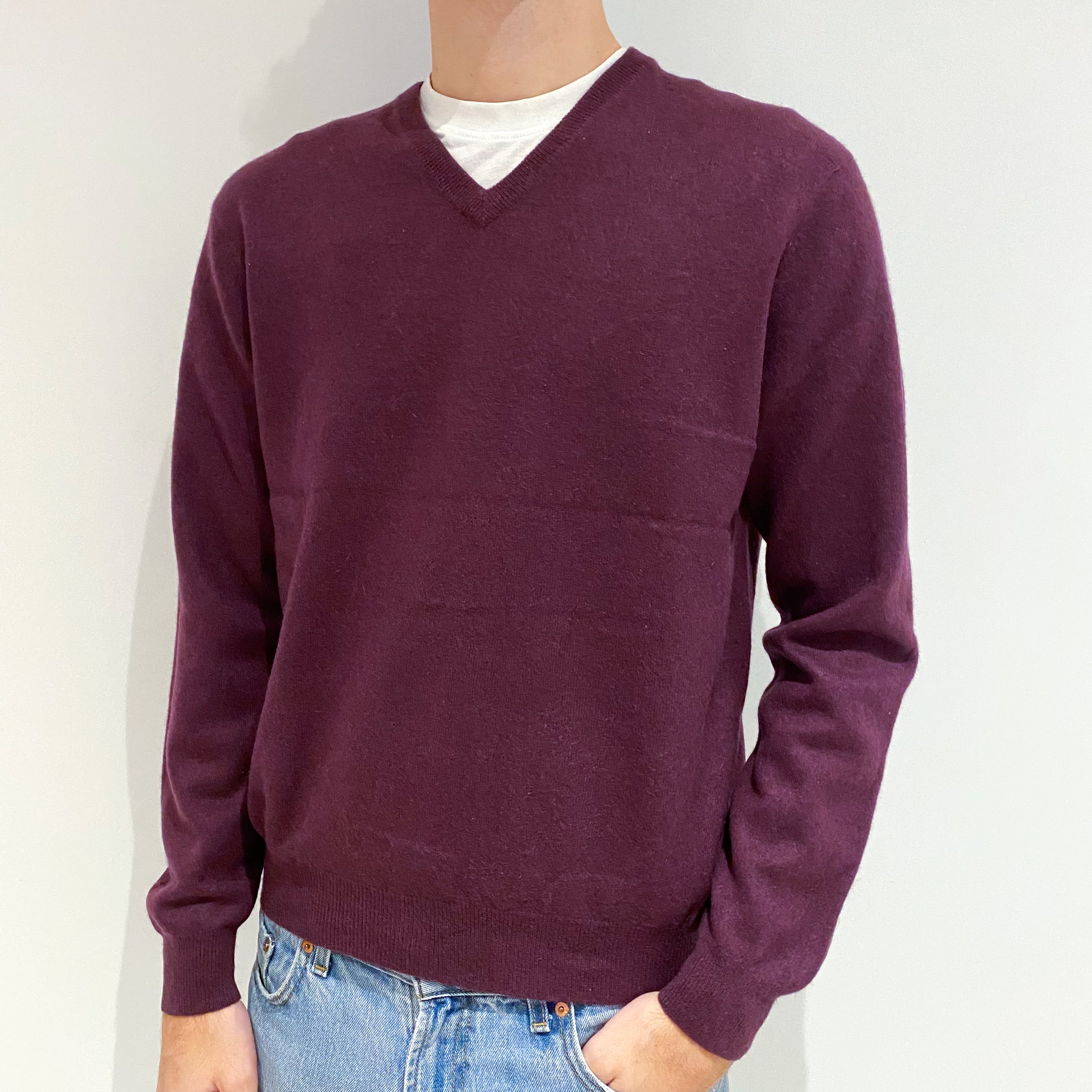 Men's Aubergine Purple Cashmere V-Neck Jumper Large