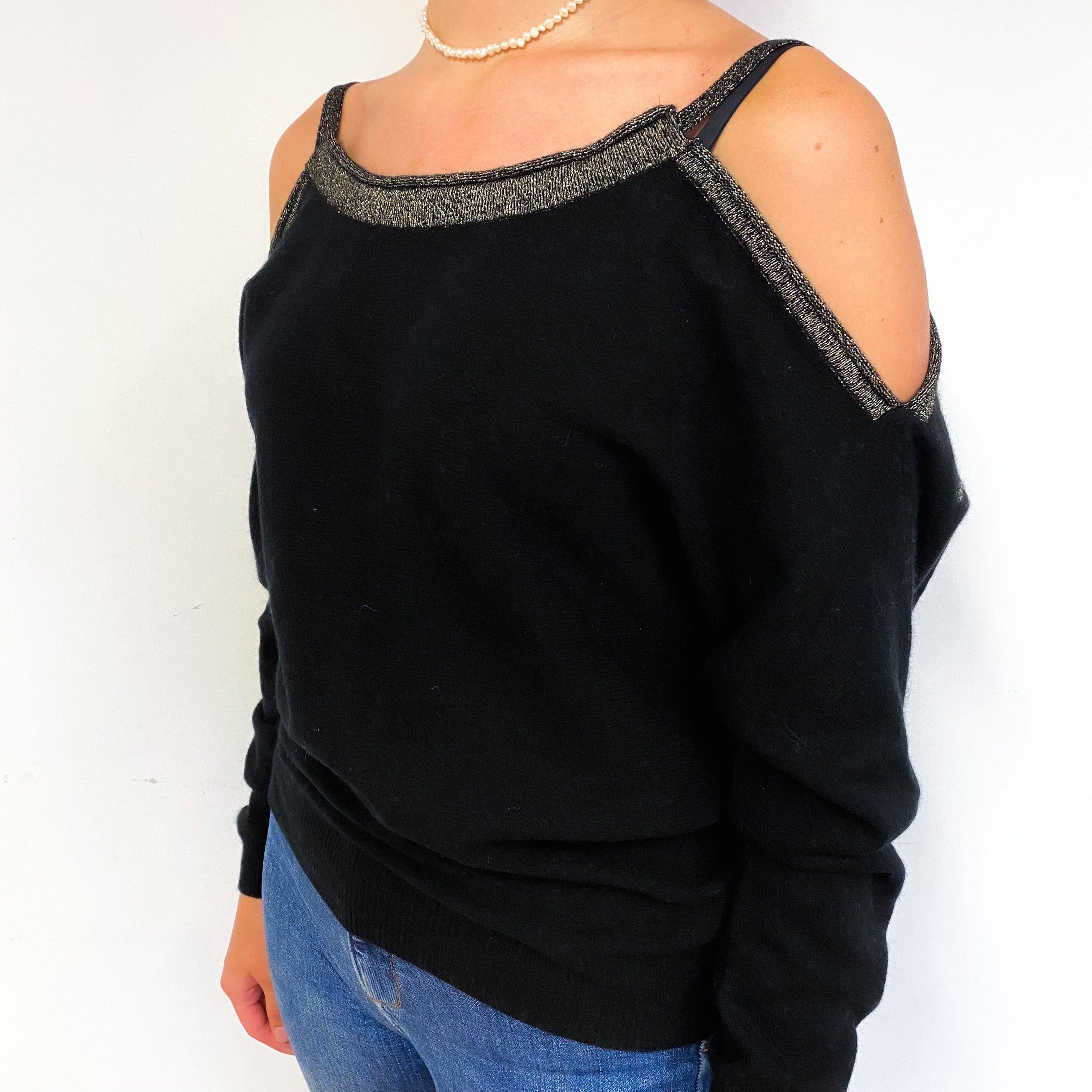 Black Gold Cold Shoulder Cashmere Crew Neck Jumper Small