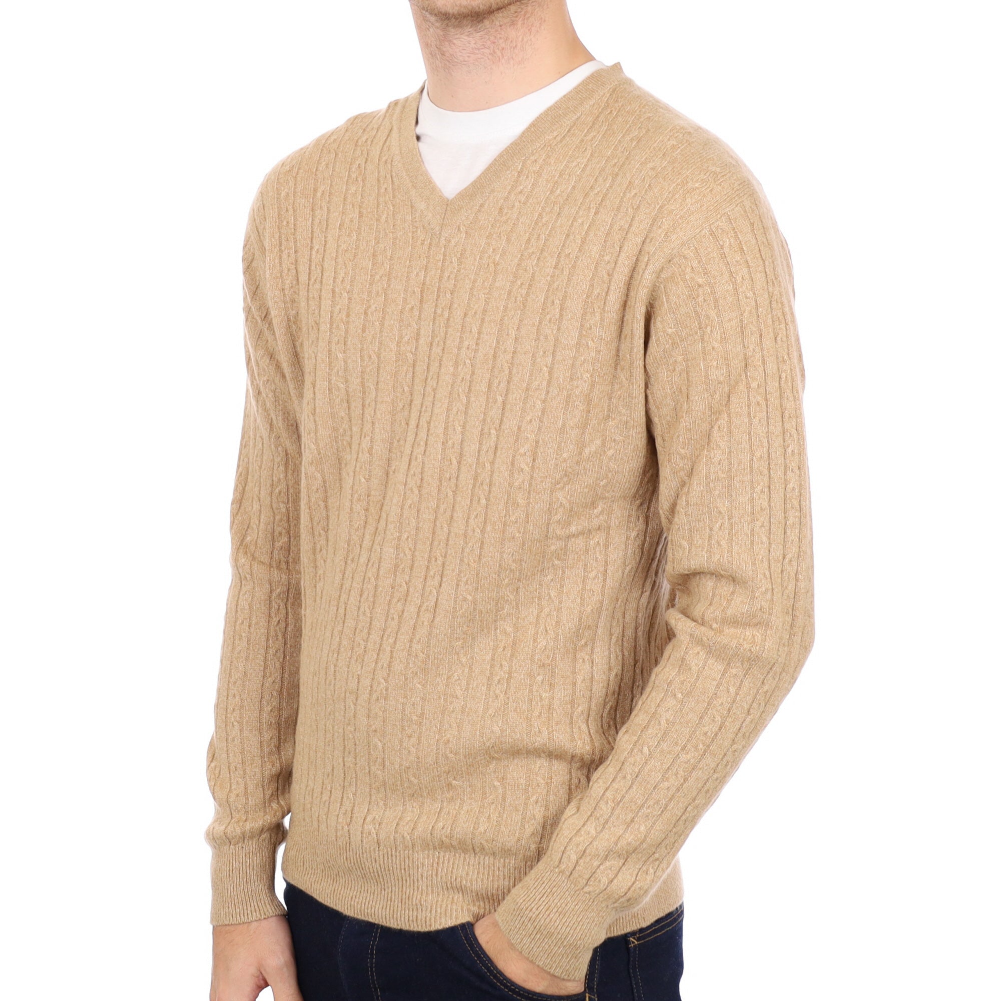 Men's Caramel Brown Cashmere V Neck Cable Knit Jumper Medium