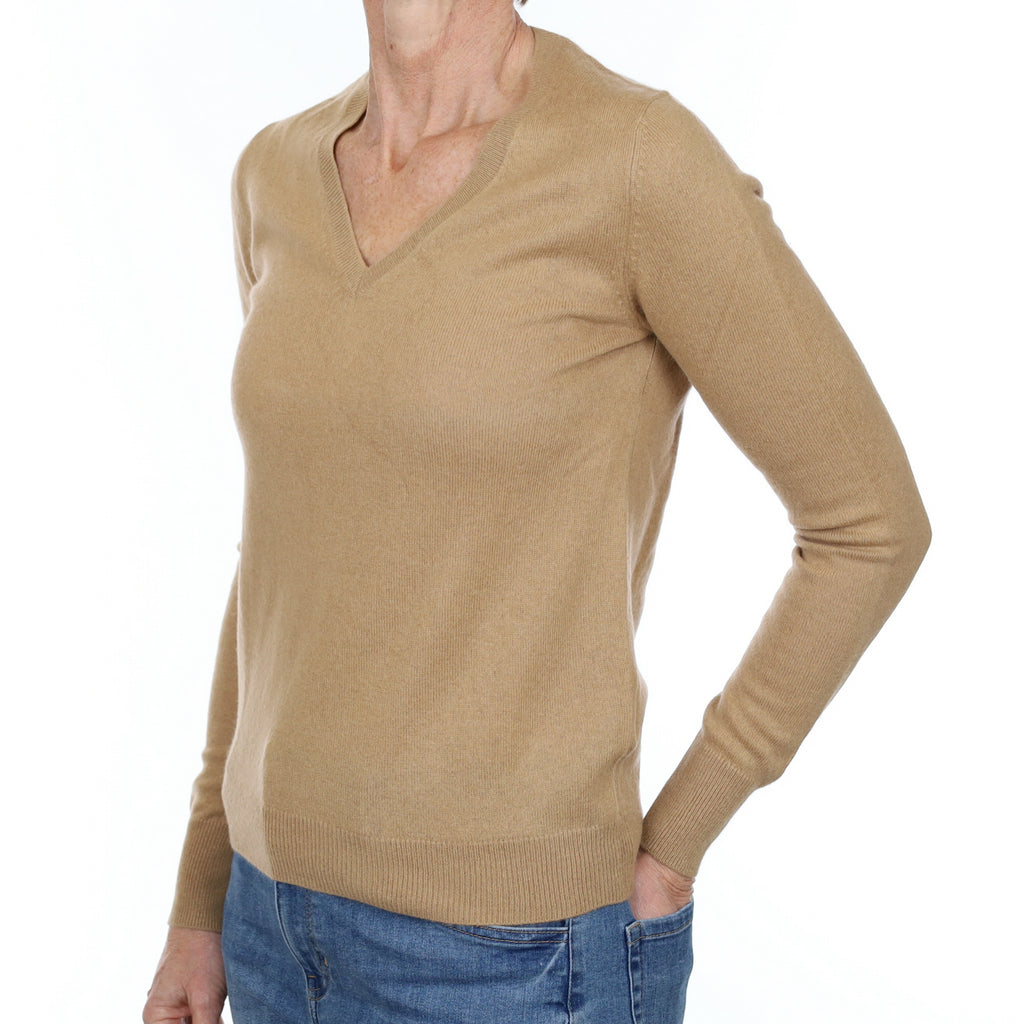 Camel Brown Cashmere V Neck Jumper Small