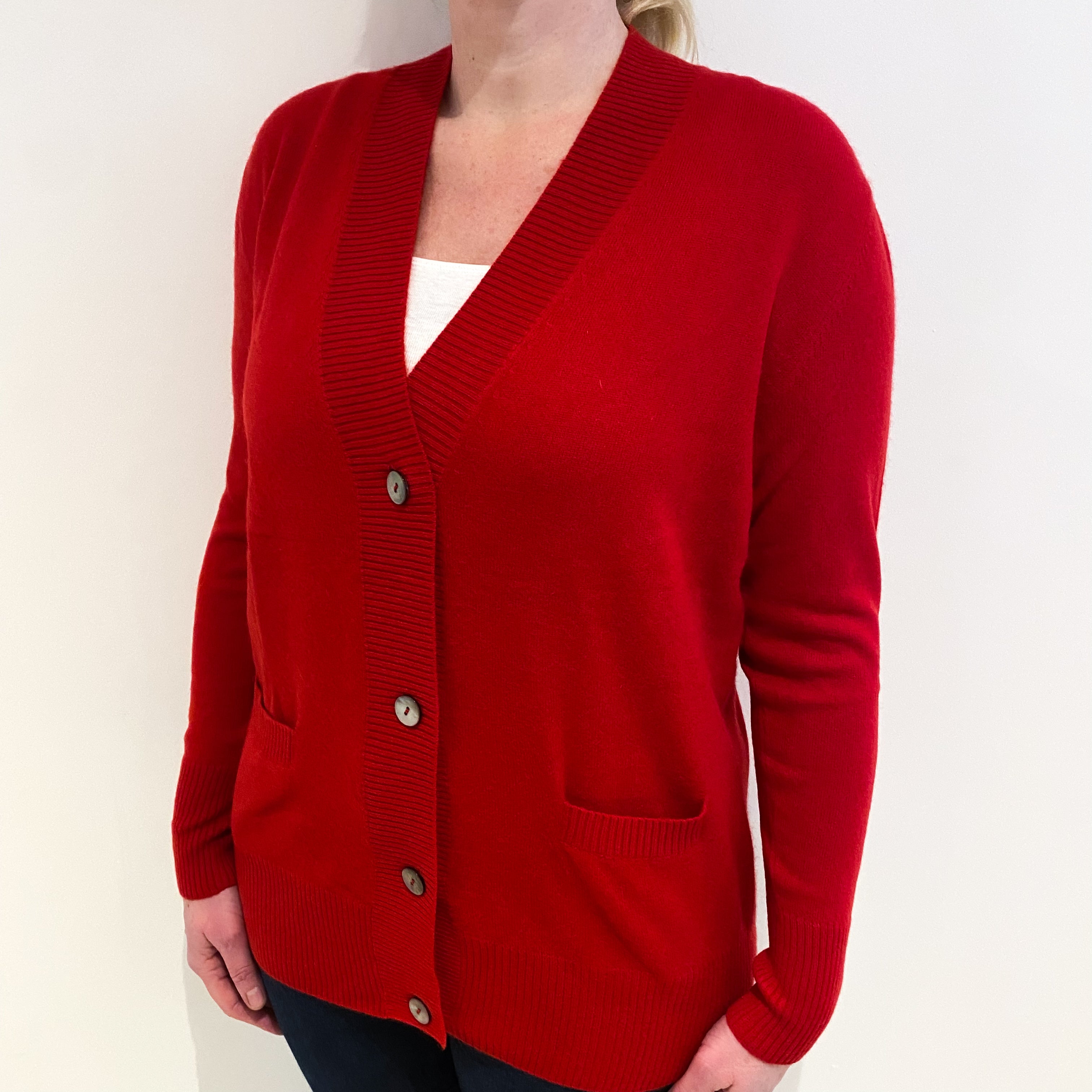 Scarlet Red Cashmere V Neck Cardigan with Pockets Large