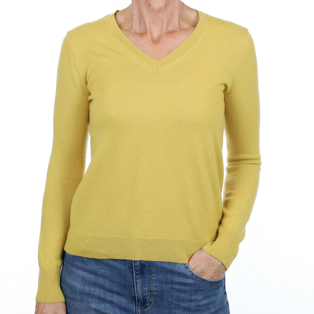 Flaxen Yellow Cashmere V Neck Jumper Small