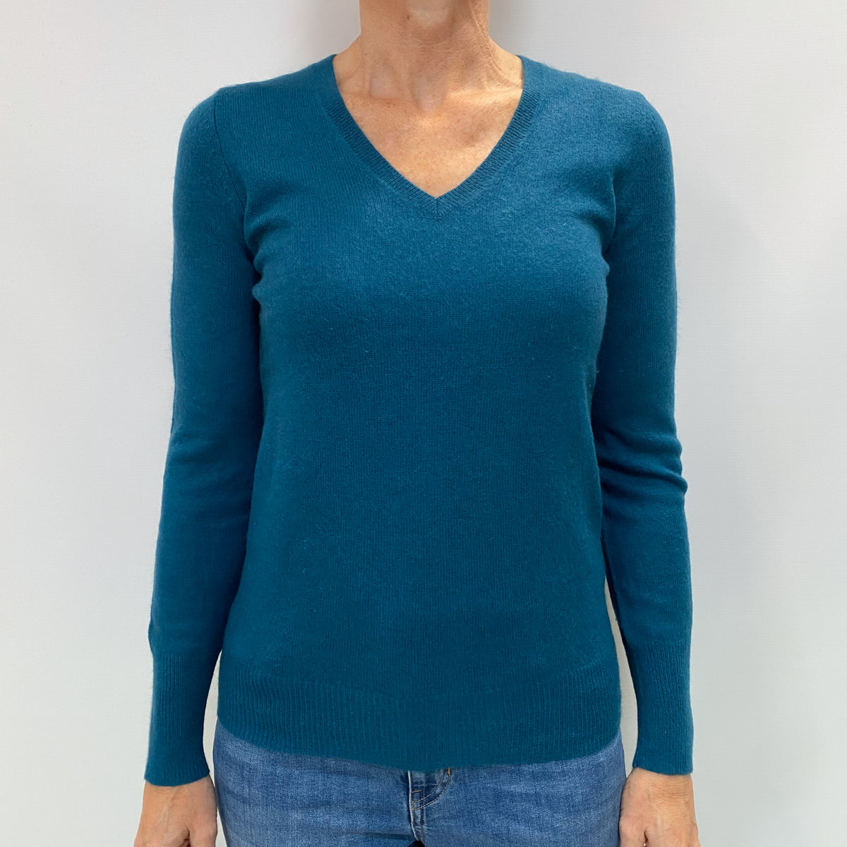 Teal Blue Cashmere V Neck Jumper Small