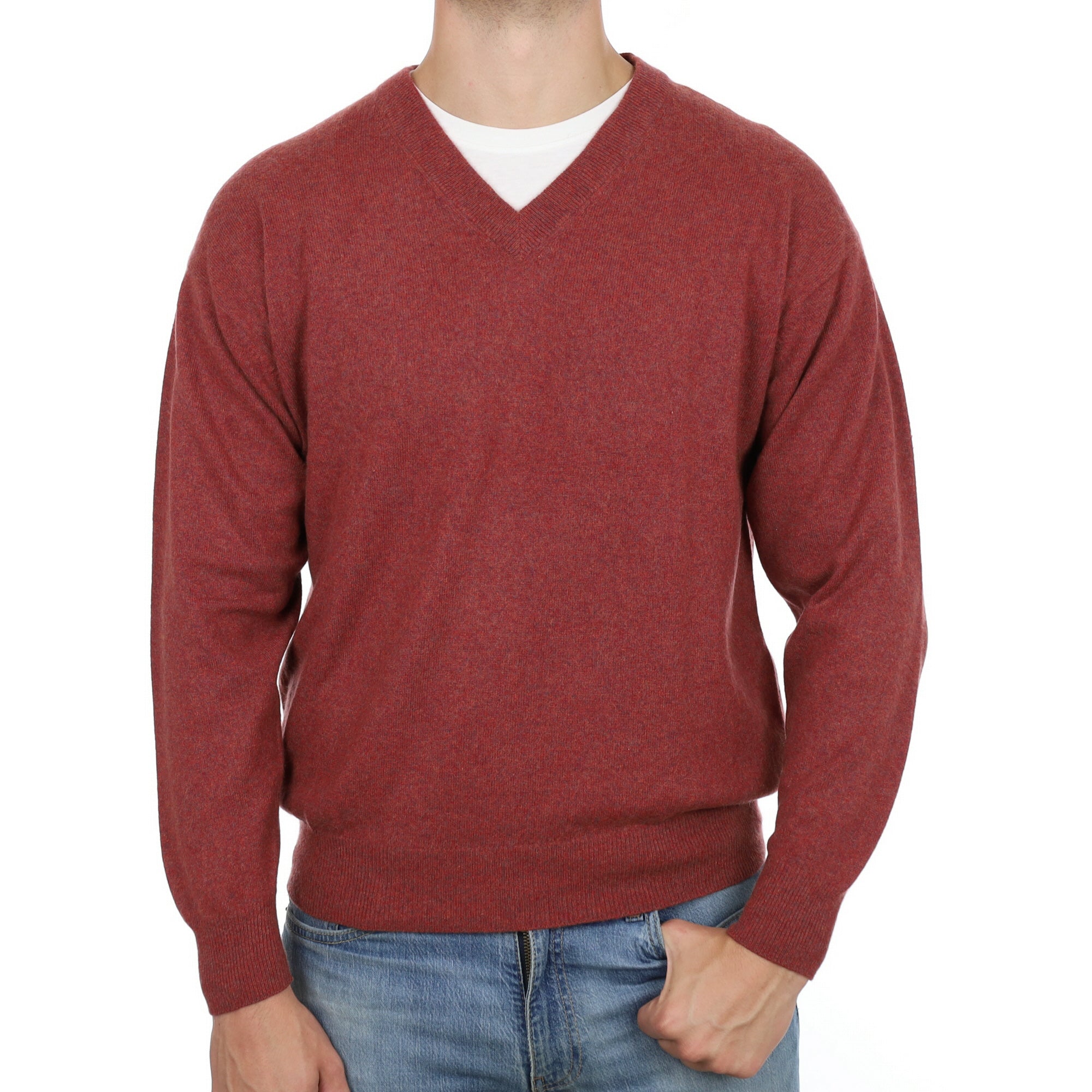 Men's Brick Red Marl Cashmere V Neck Jumper XL