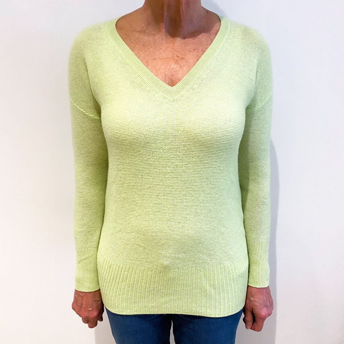 Bright Lime Green Cashmere V Neck Textured Knit Jumper Medium