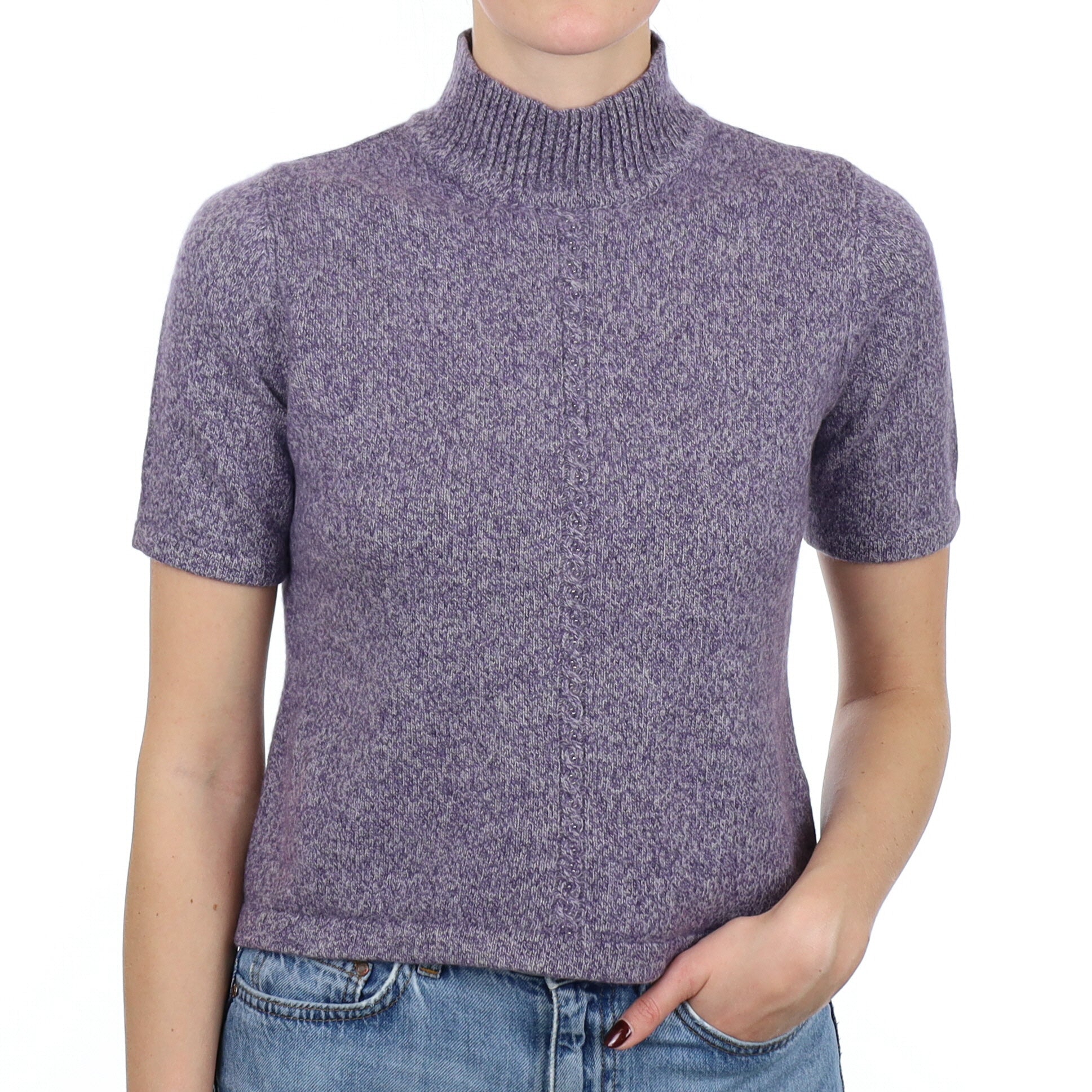 Purple Marl Cashmere Short Sleeve Turtle Neck Jumper Small