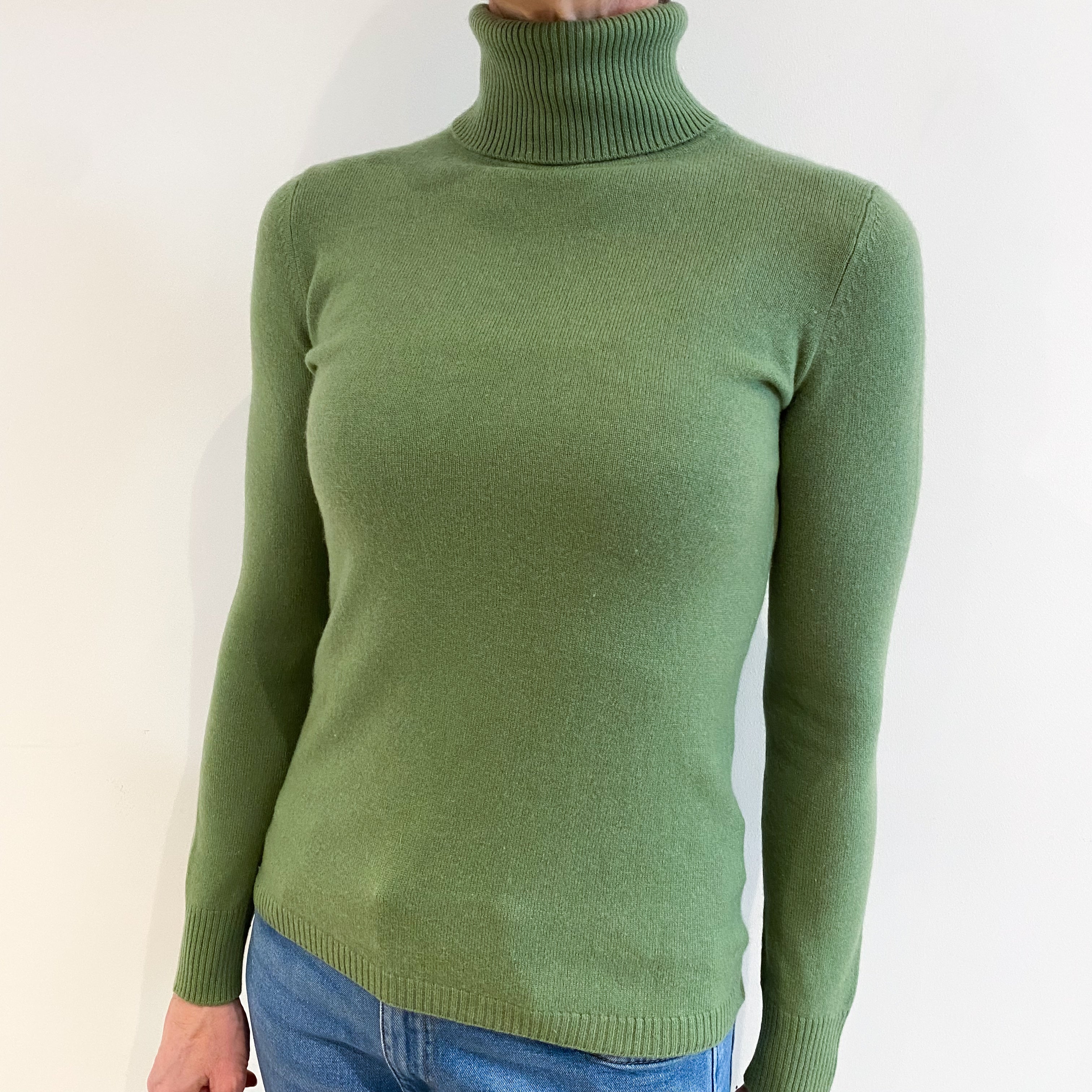 Pear Green Cashmere Polo Neck Jumper Small