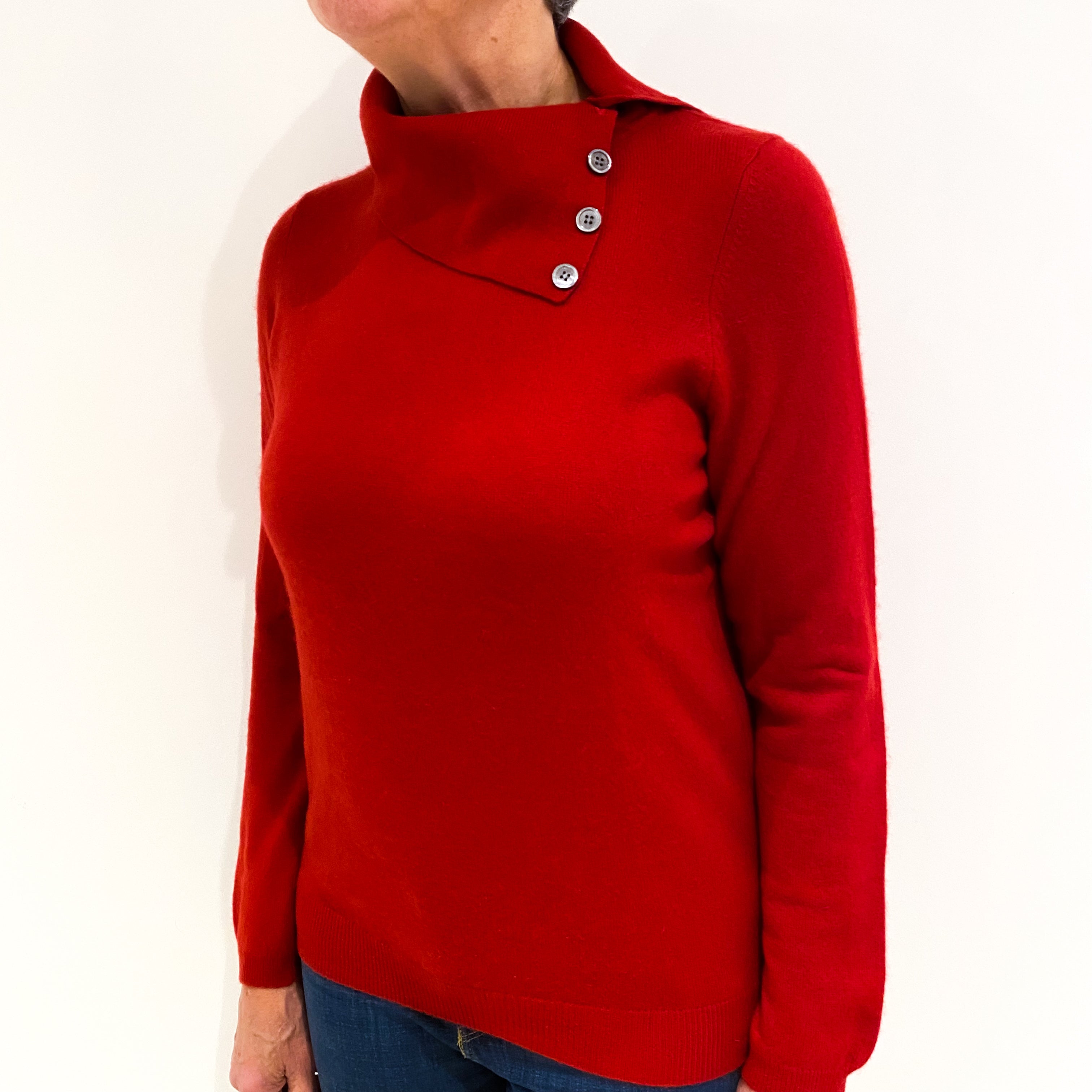 Scarlet Red Button Cashmere Polo Neck Jumper Medium