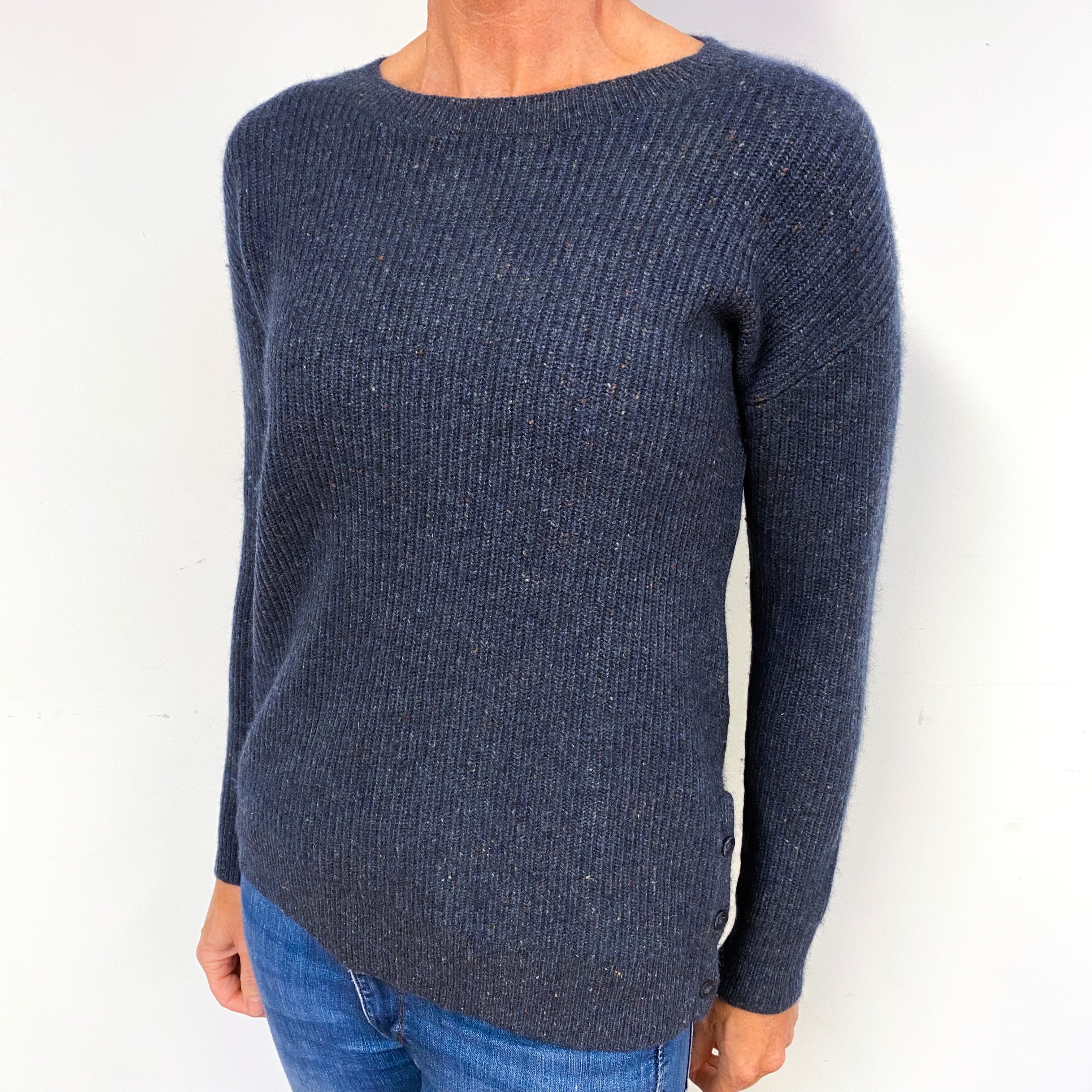 Steel Blue Marl Knit Ribbed Cashmere V-Neck Jumper Medium