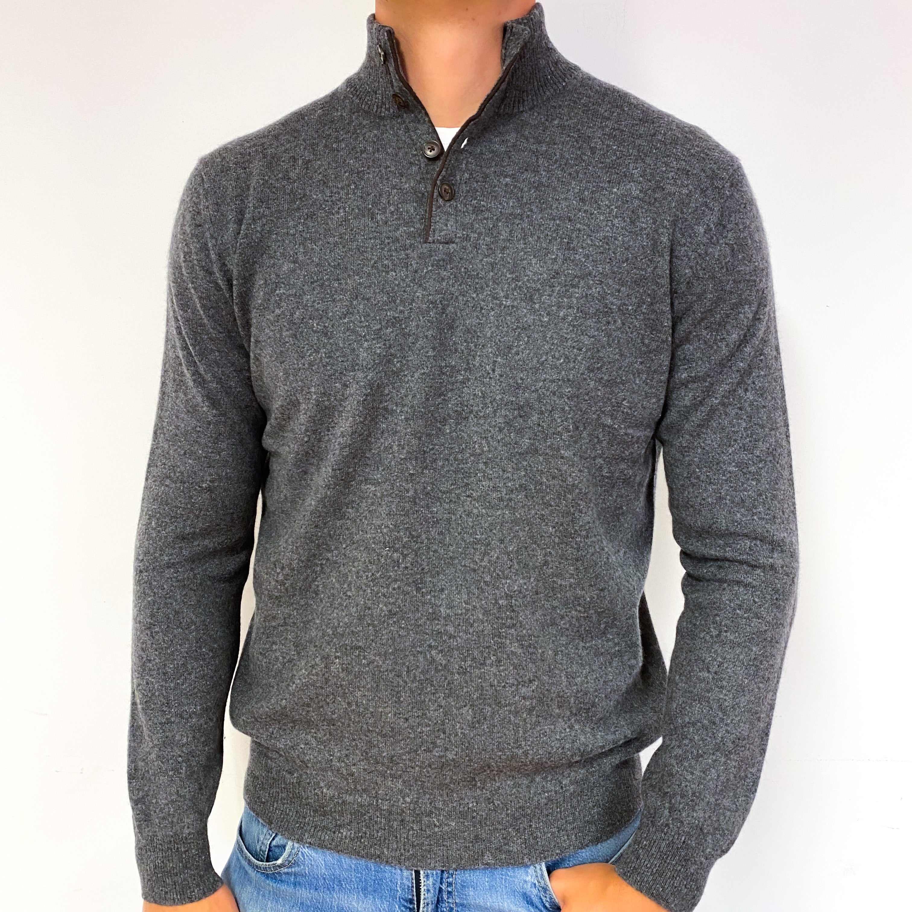 Men's Slate Grey Cashmere 1/4 Button Jumper Extra Large