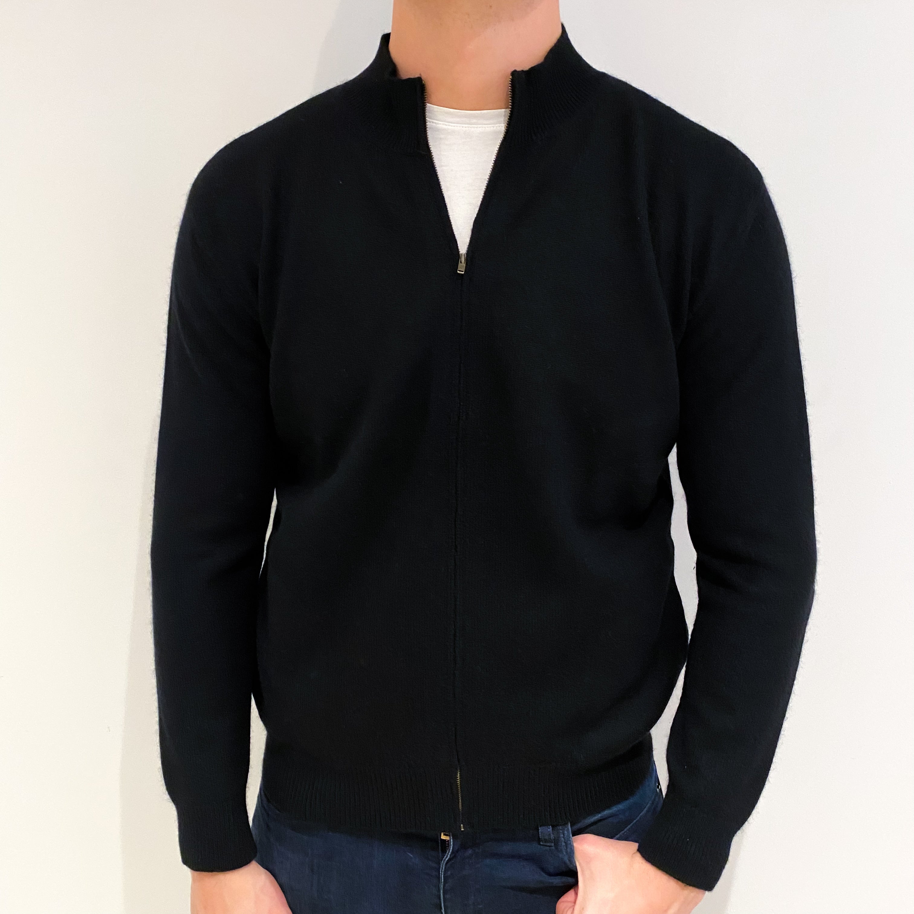 Men's Black Cashmere 1/4 Zip Neck Cardigan XL