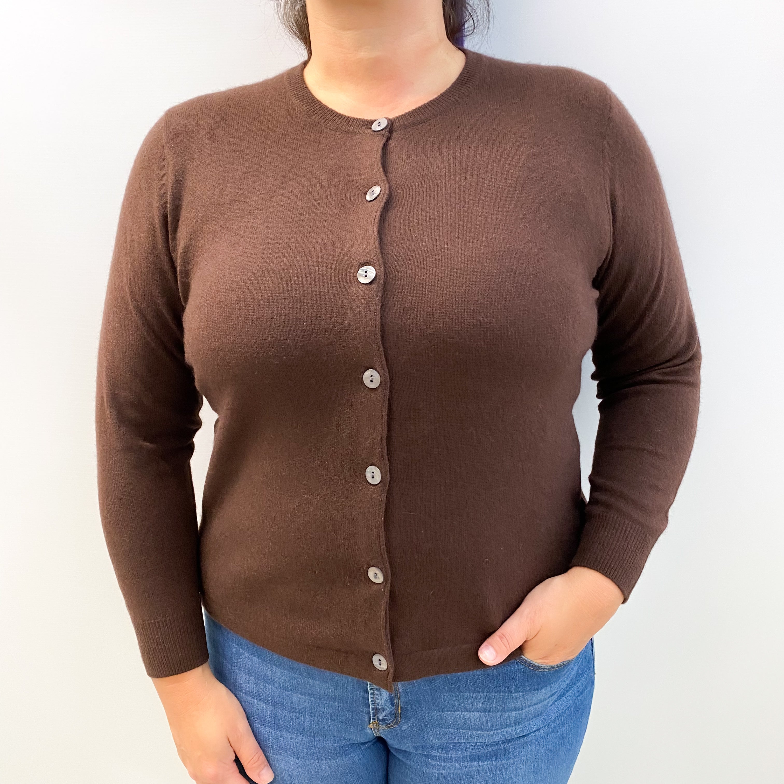 Chocolate Brown Cashmere Crew Neck Cardigan Large
