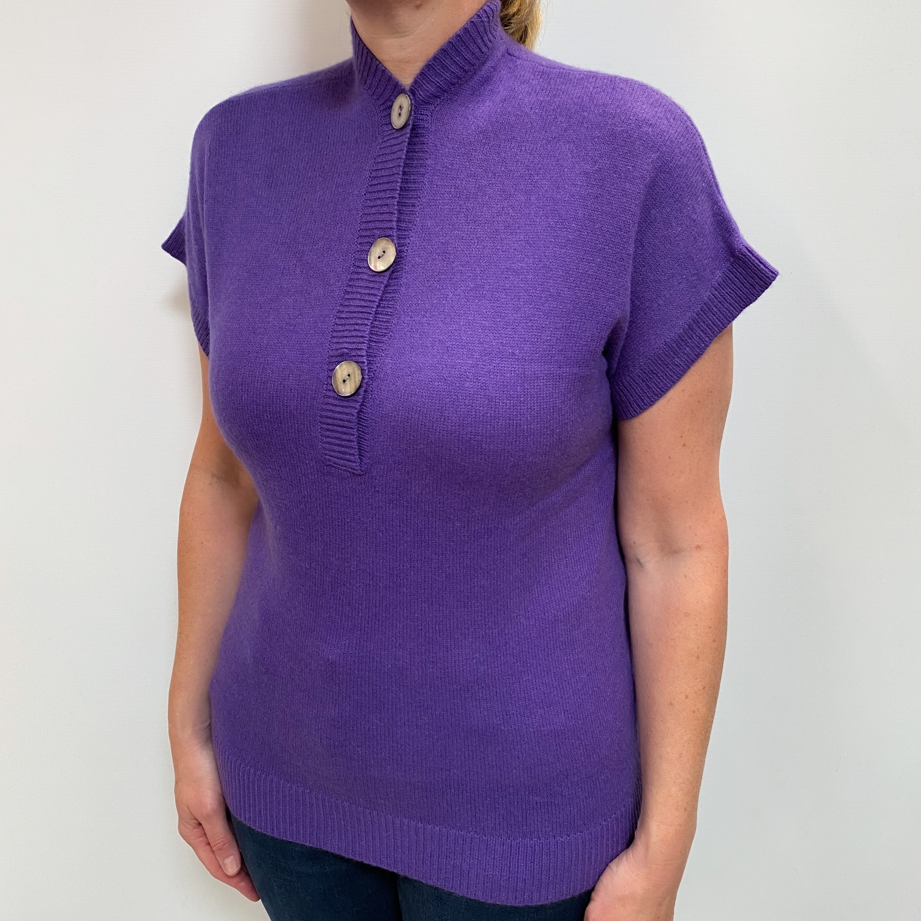 Pansy Purple Short Sleeved Cashmere Button V-Neck Large