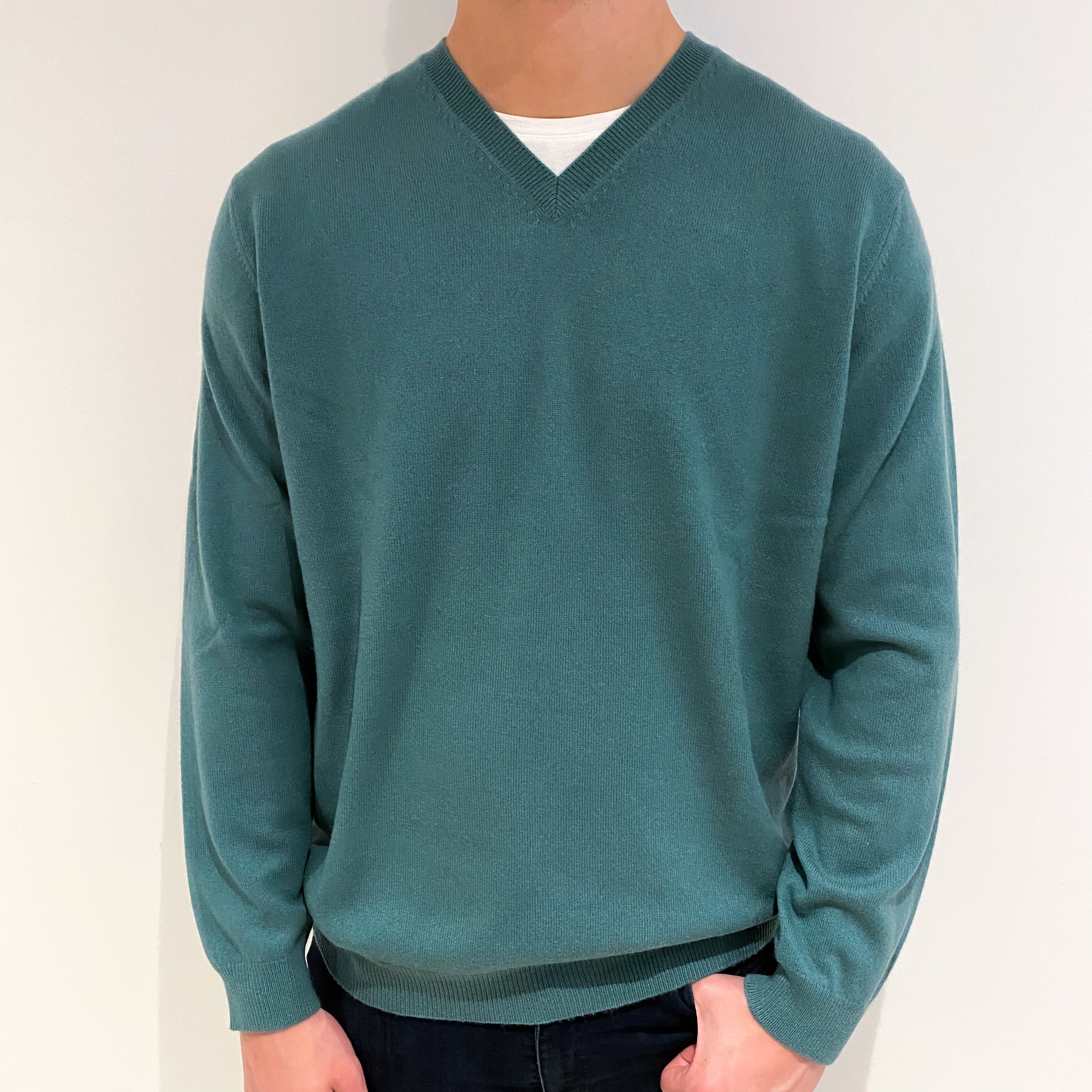 Men's Viridian Green Cashmere V Neck Jumper XL