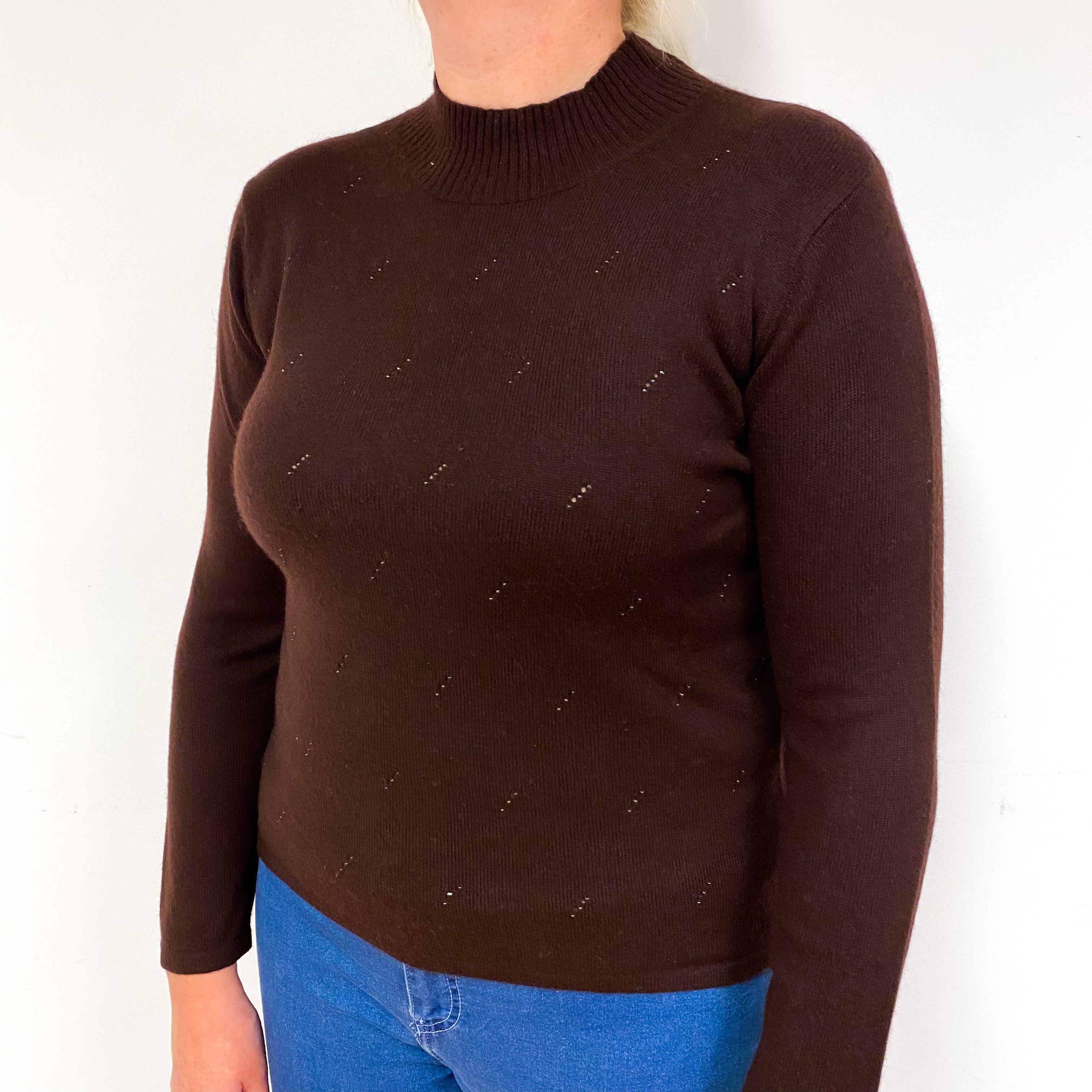 Chocolate Brown Beaded Cashmere Turtle Neck Jumper Large