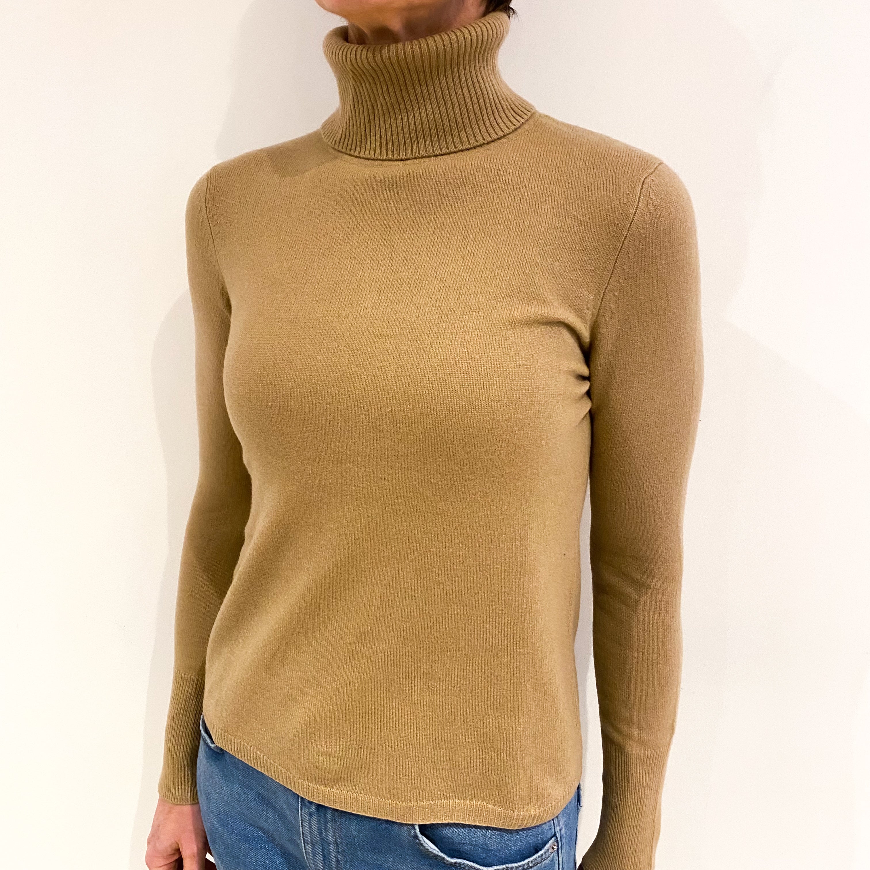 Camel Brown Cashmere Polo Neck Jumper Small