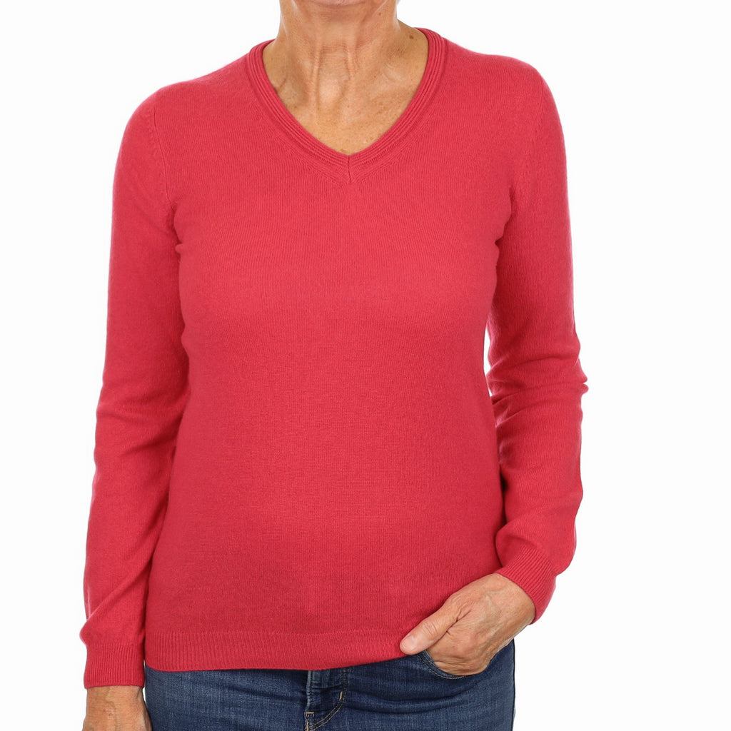 Cranberry Pink Cashmere V Neck Jumper Medium