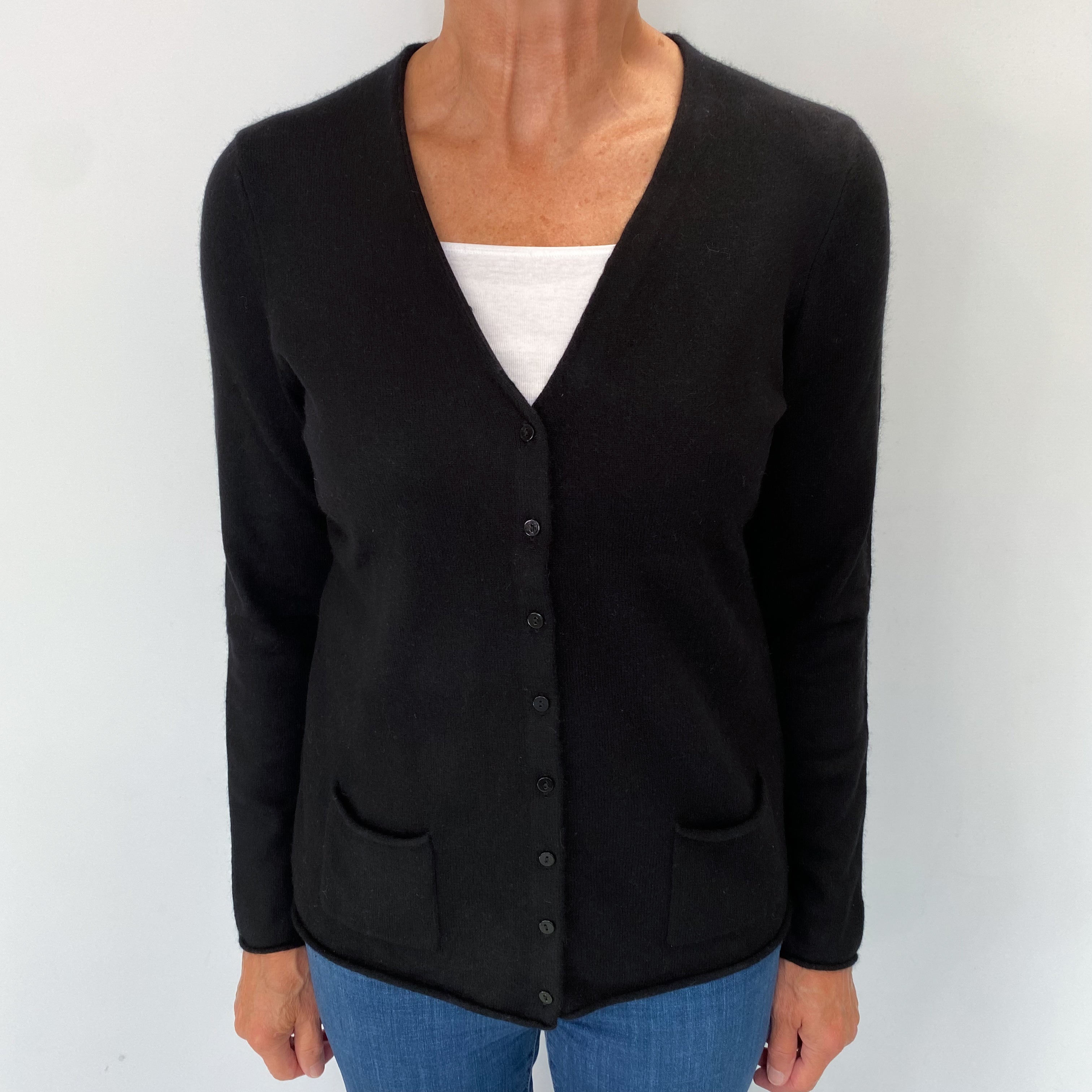 Black Cashmere V Neck Cardigan with Pockets Medium
