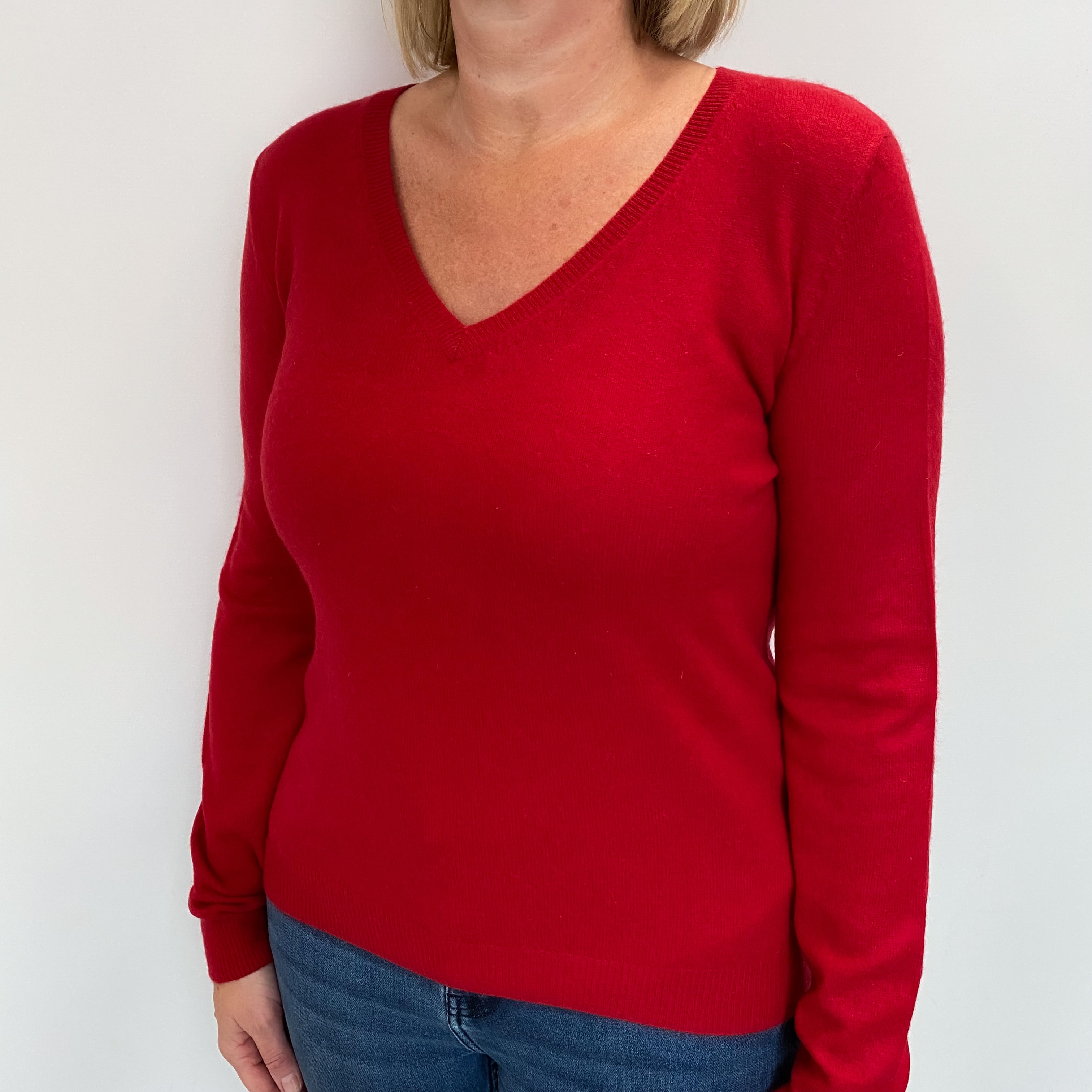 Spanish Red Cashmere V Neck Jumper Large