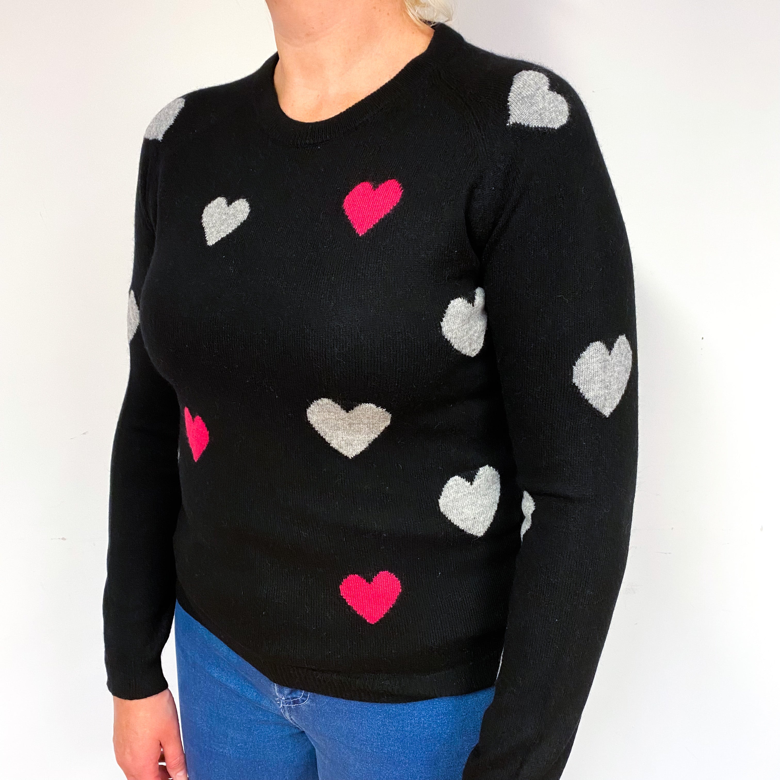 Black Pink Heart Cashmere Crew Neck Jumper Large