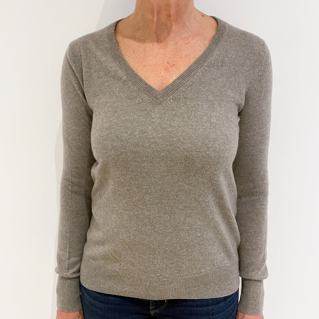 Fawn Brown Cashmere V-Neck Jumper Medium