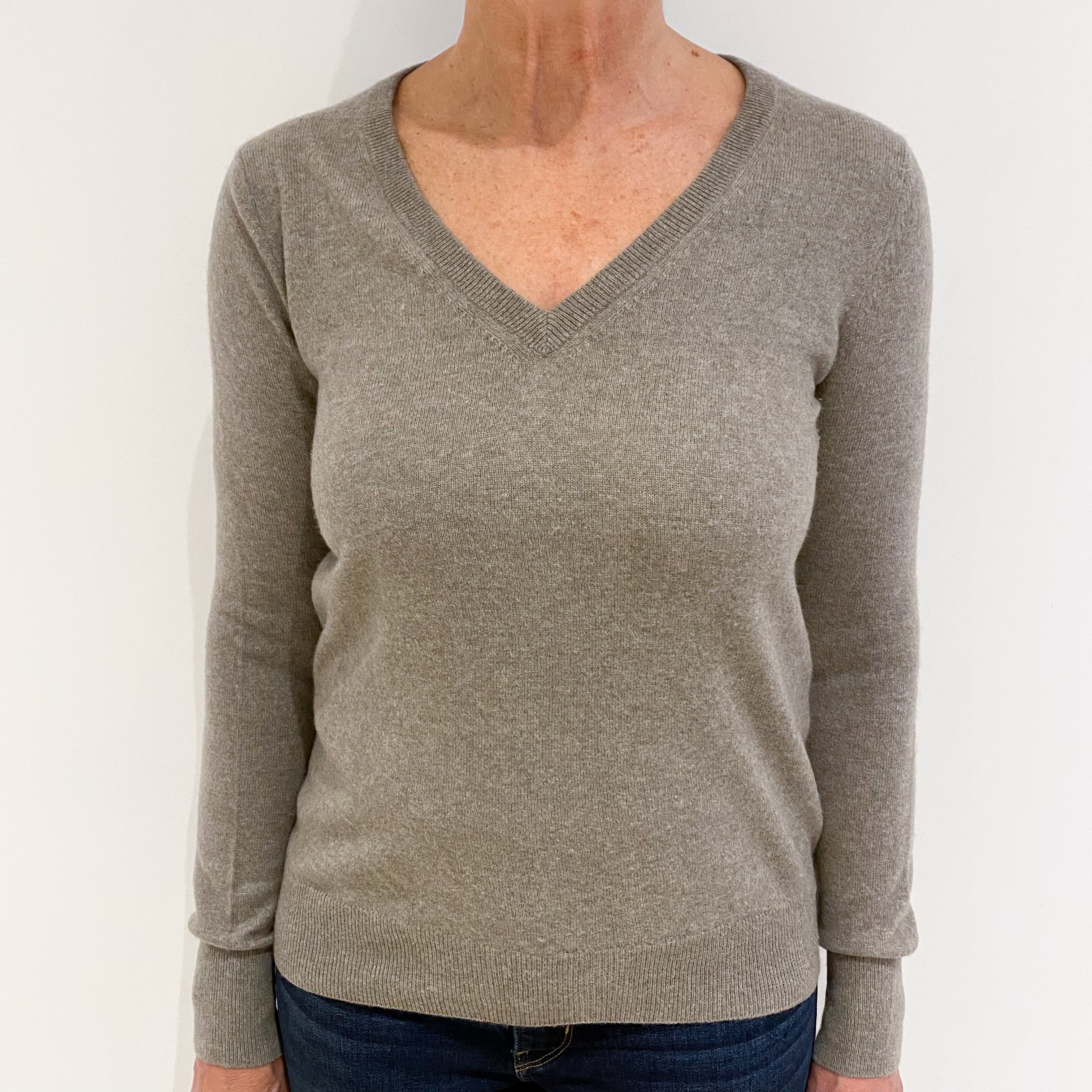 Fawn Brown Cashmere V-Neck Jumper Medium