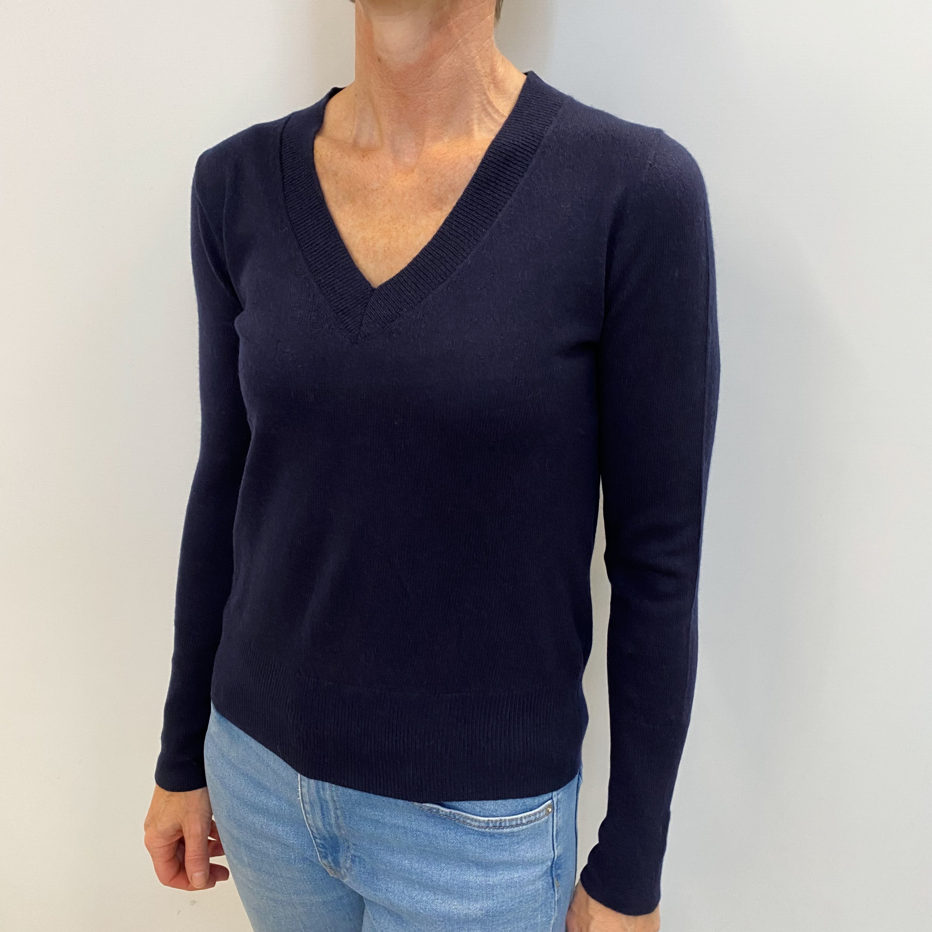 Navy Blue Cashmere V Neck Jumper Small