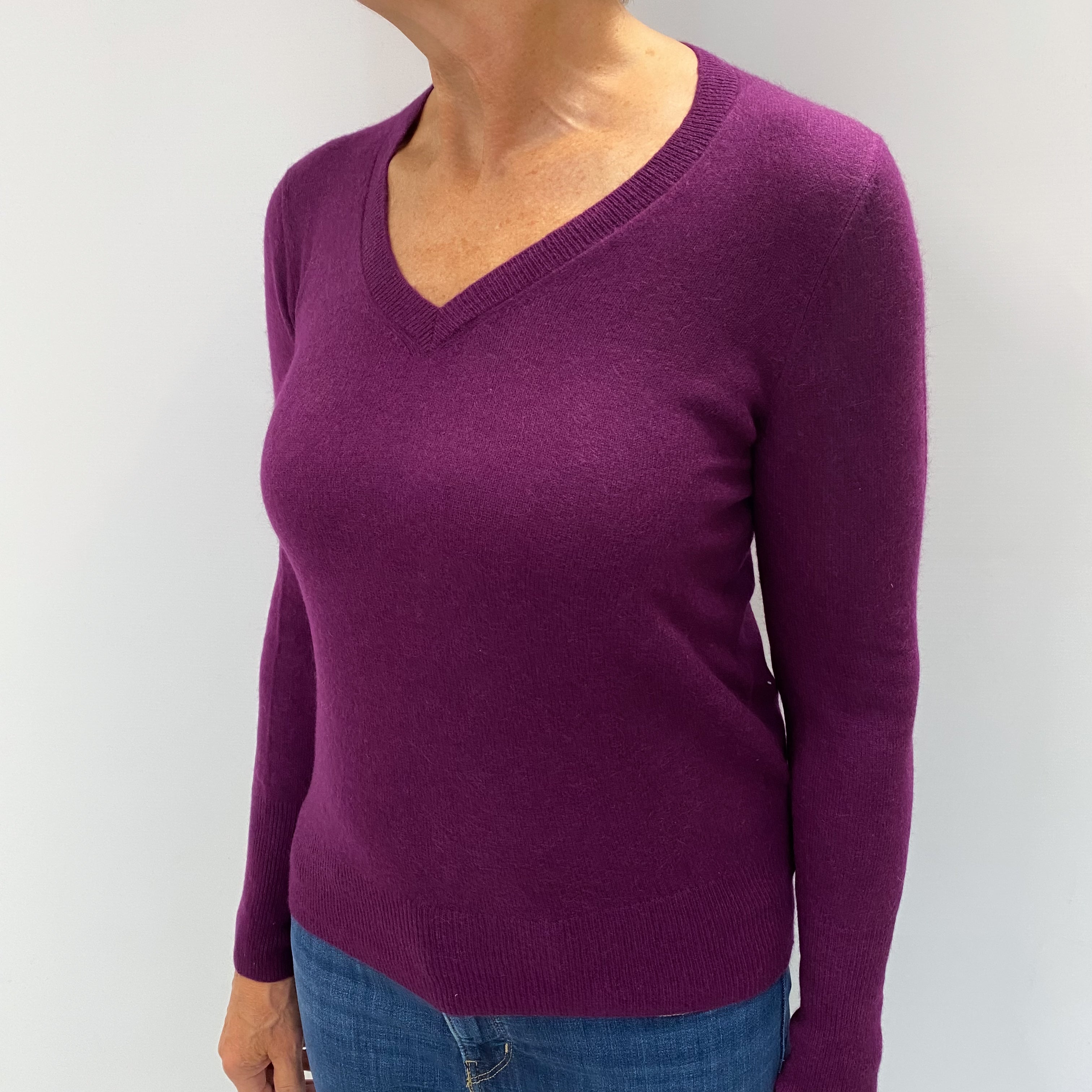 Aubergine Purple Cashmere V Neck Jumper Medium