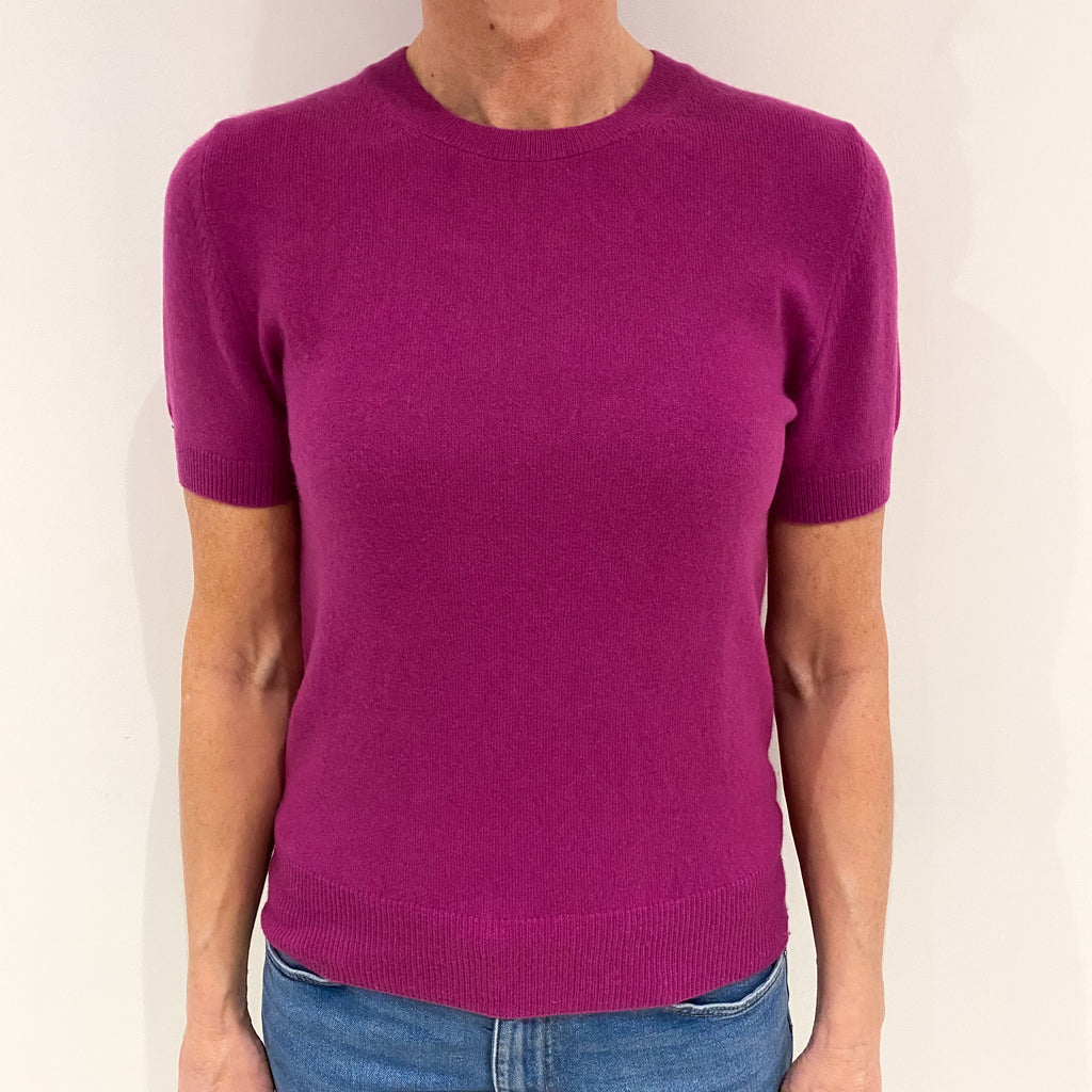 Magenta Pink Cashmere Short Sleeved Crew Neck Jumper Small