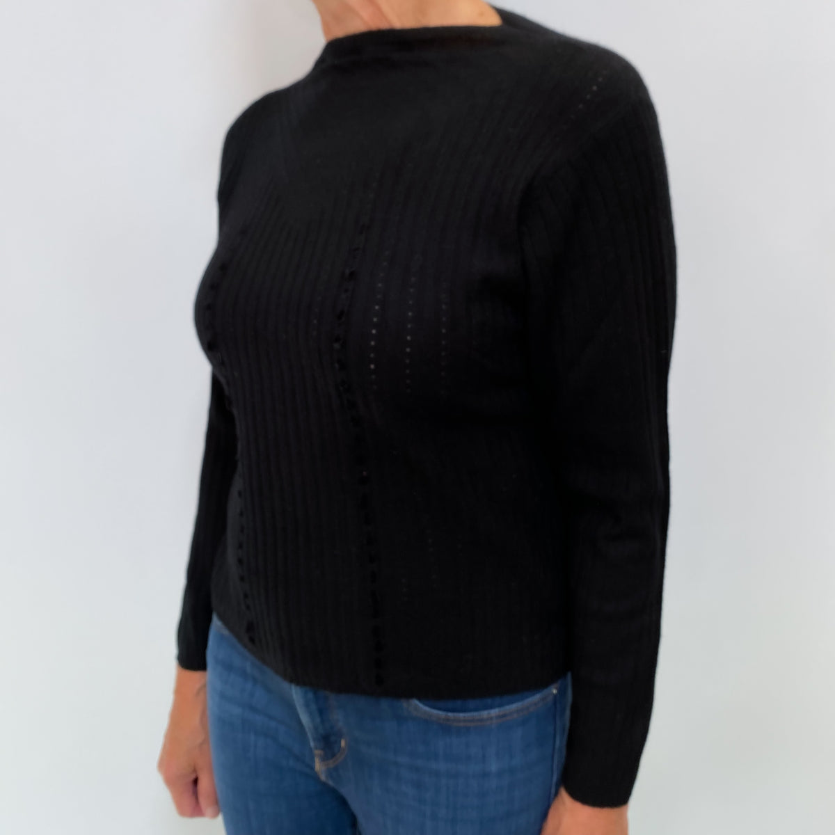 Black Cashmere Boat Neck Ribbed Knit Jumper Medium