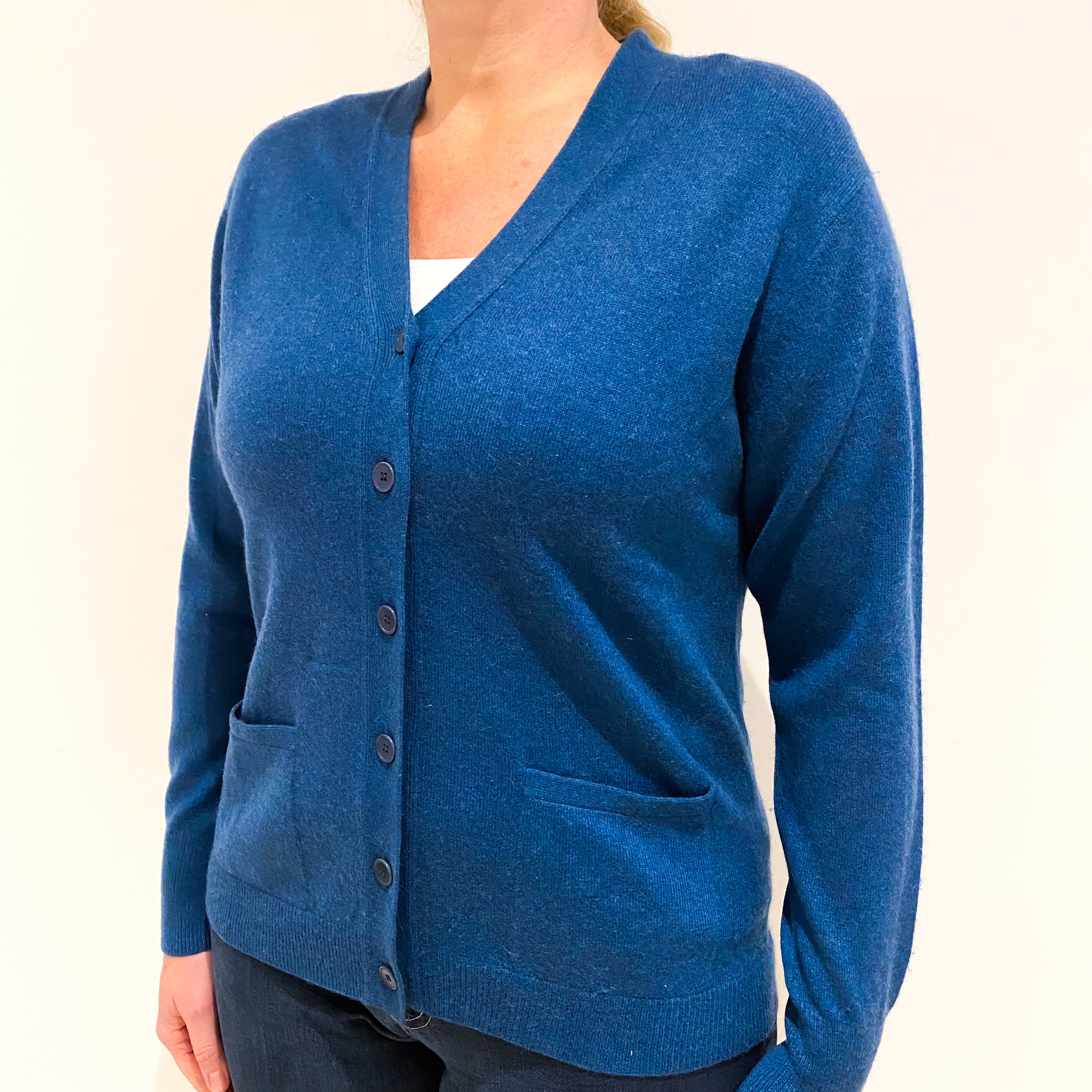 Peacock Blue Cashmere V-Neck Cardigan Large