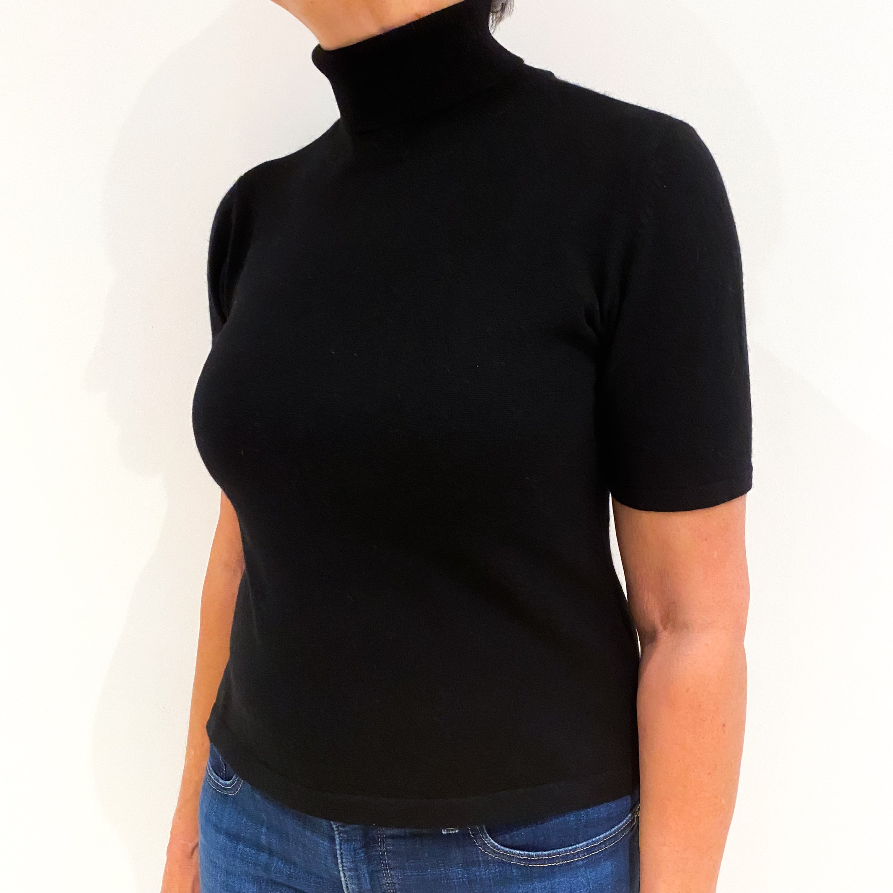 Black Short Sleeved Cashmere Polo Neck Jumper Medium