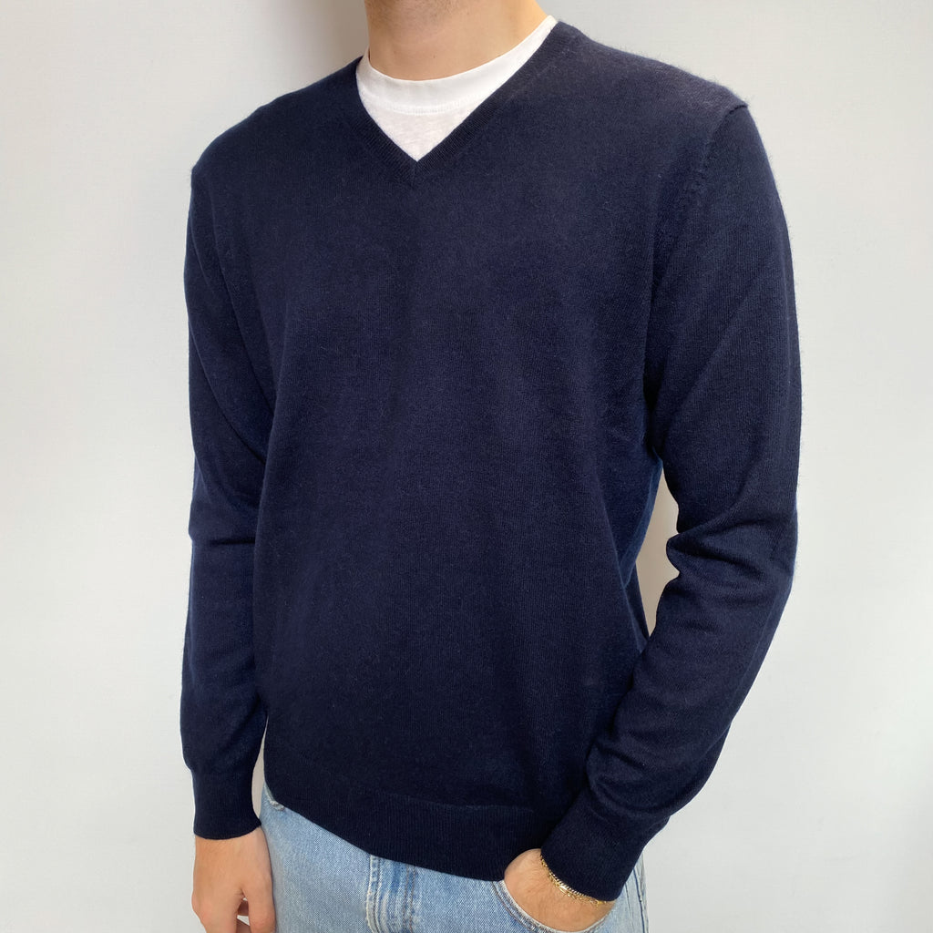 Men's Navy Blue Cashmere V Neck Jumper Large