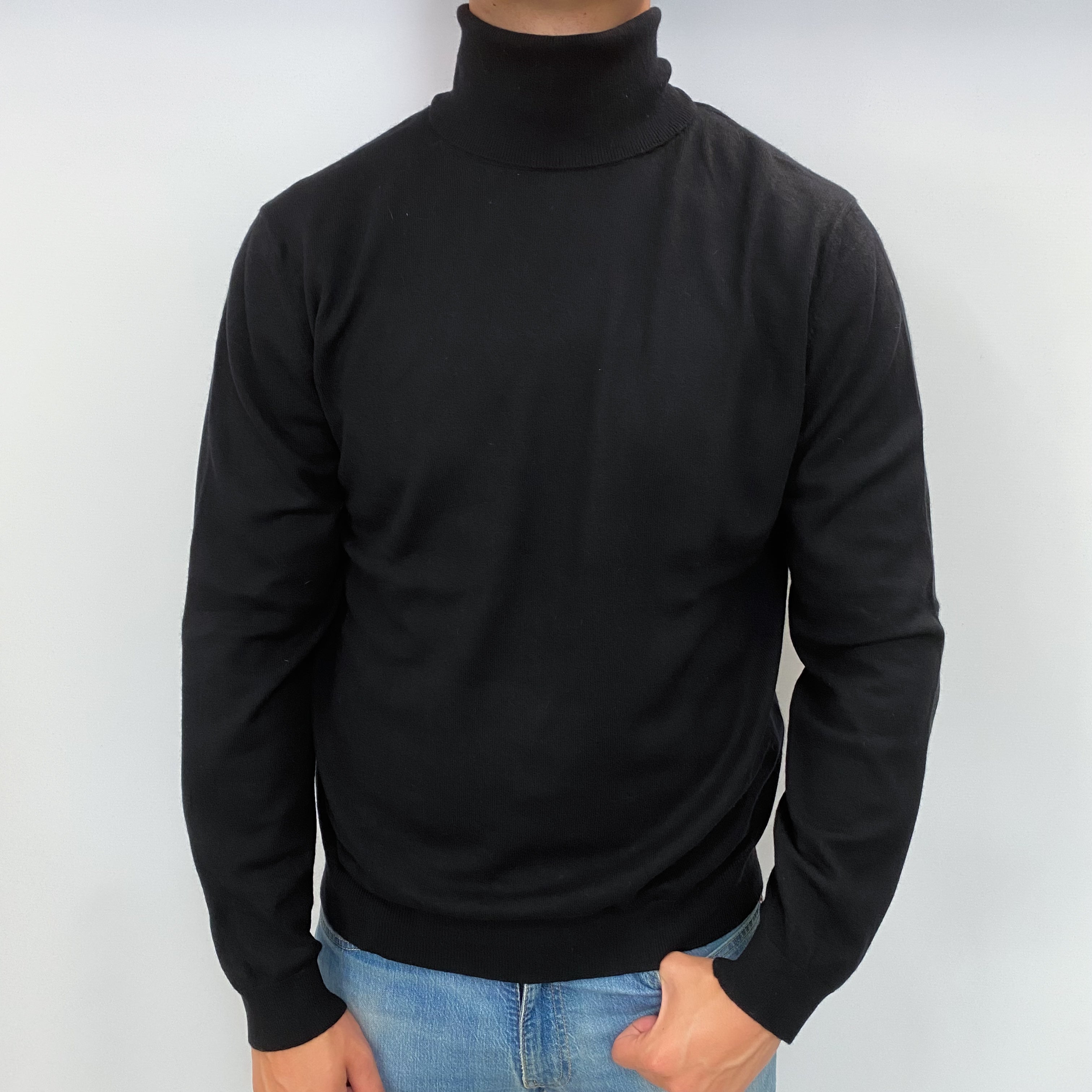 Men's Black Cashmere Polo Neck Jumper XL