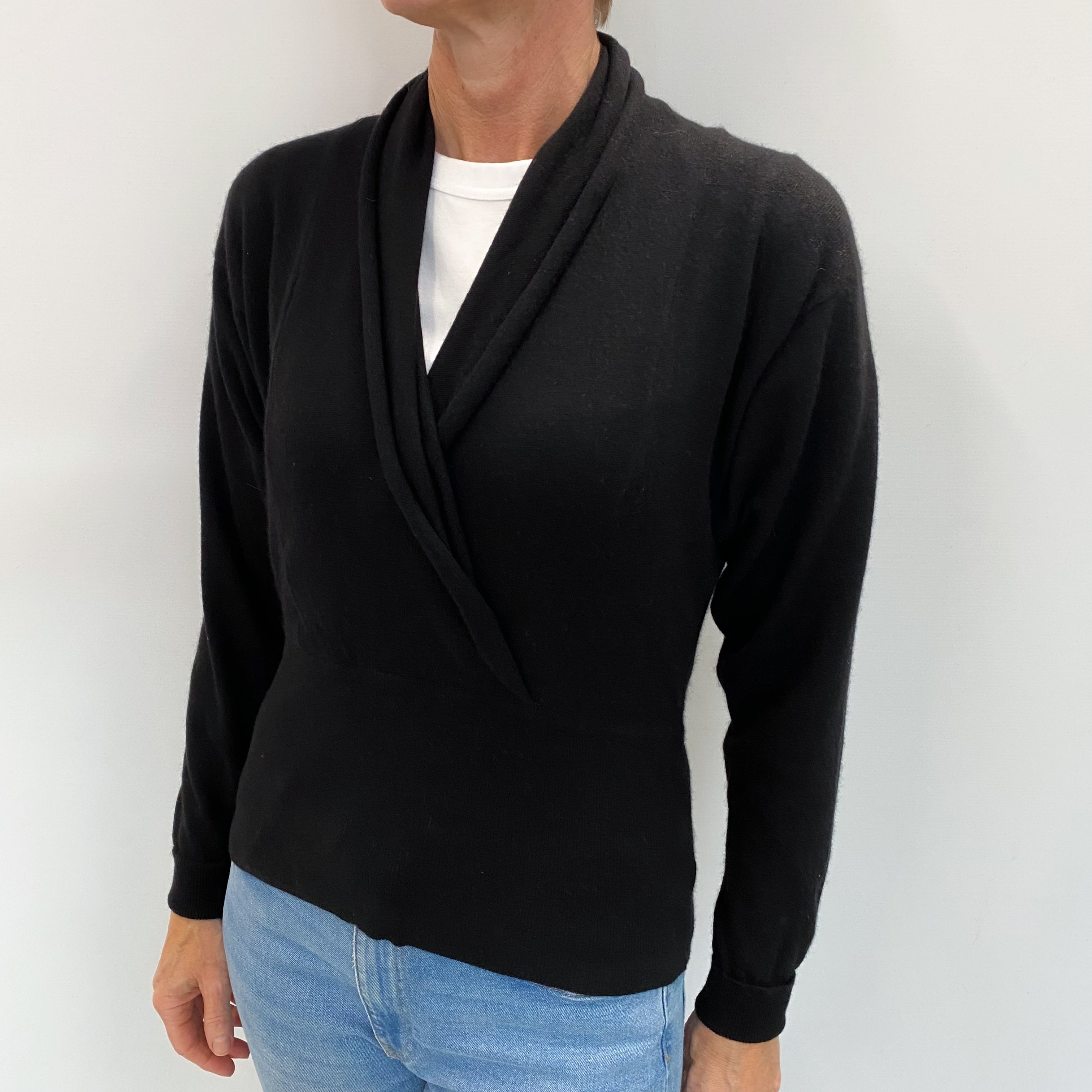 British Black Cashmere Shawl V Neck Jumper Small