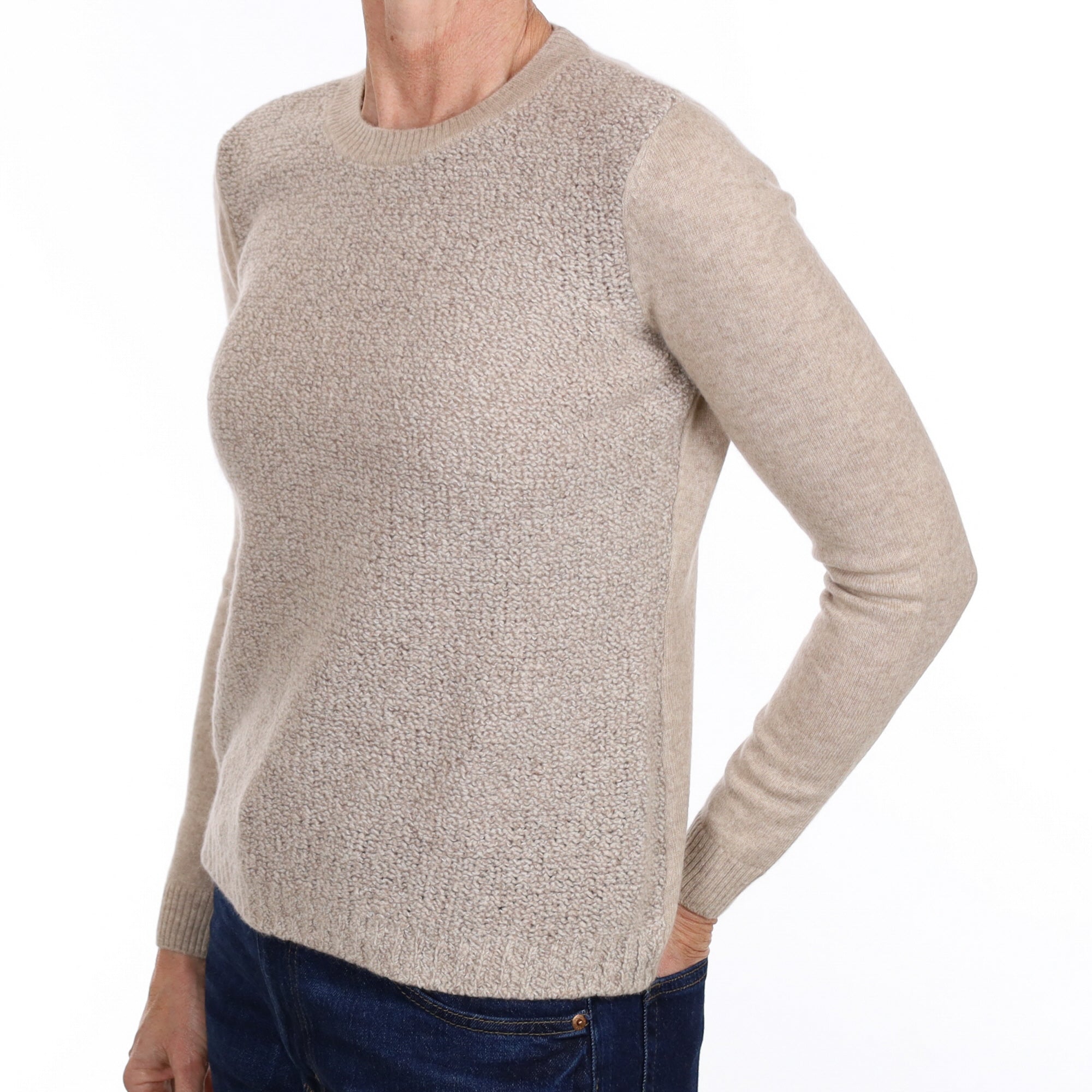 Oatmeal Beige Fleece Knit Cashmere Crew Neck Jumper Small