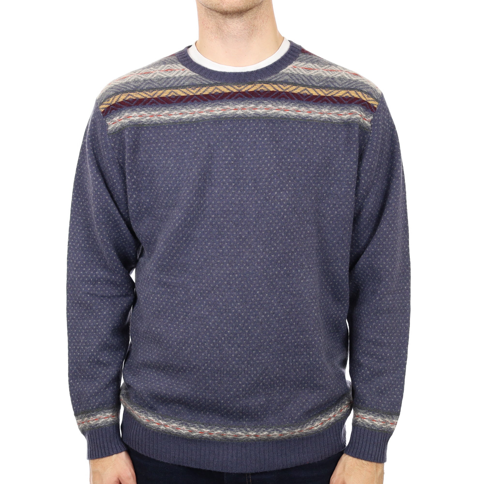 Men's Brora Denim Blue Fair Isle Cashmere Crew Neck Jumper Large