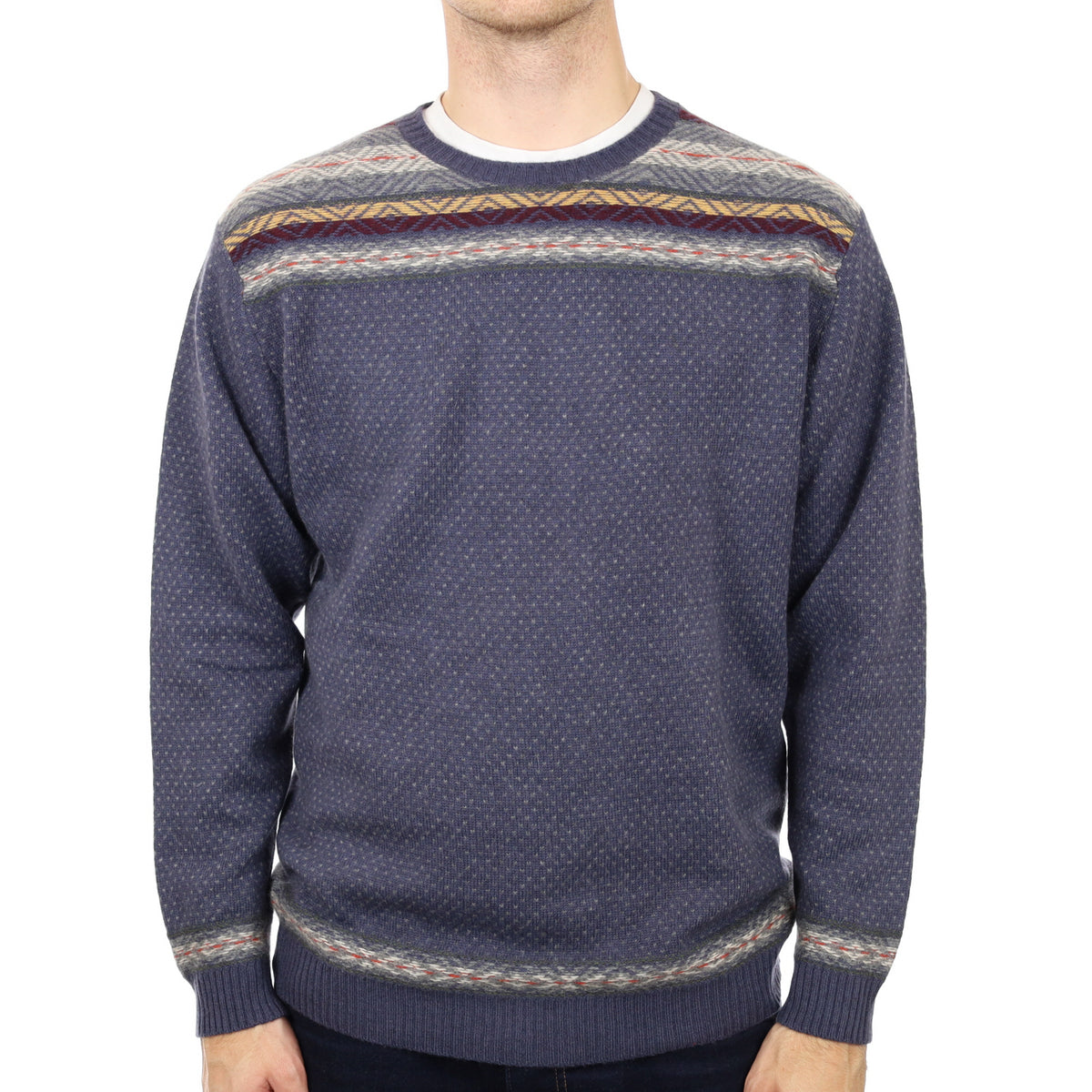 Men's Brora Denim Blue Fair Isle Cashmere Crew Neck Jumper Large