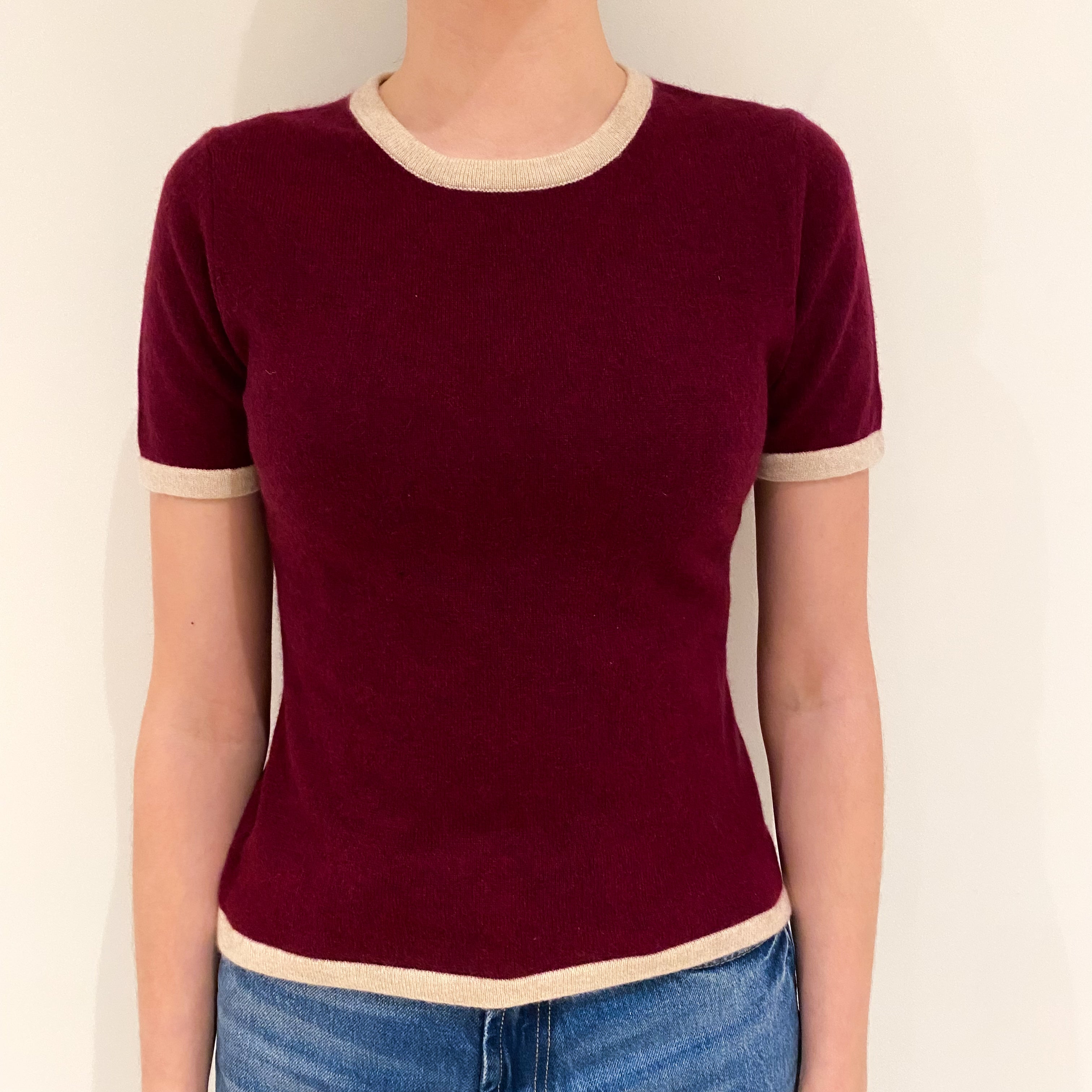Burgundy Red Cashmere Short Sleeved Crew Neck Jumper Extra Small