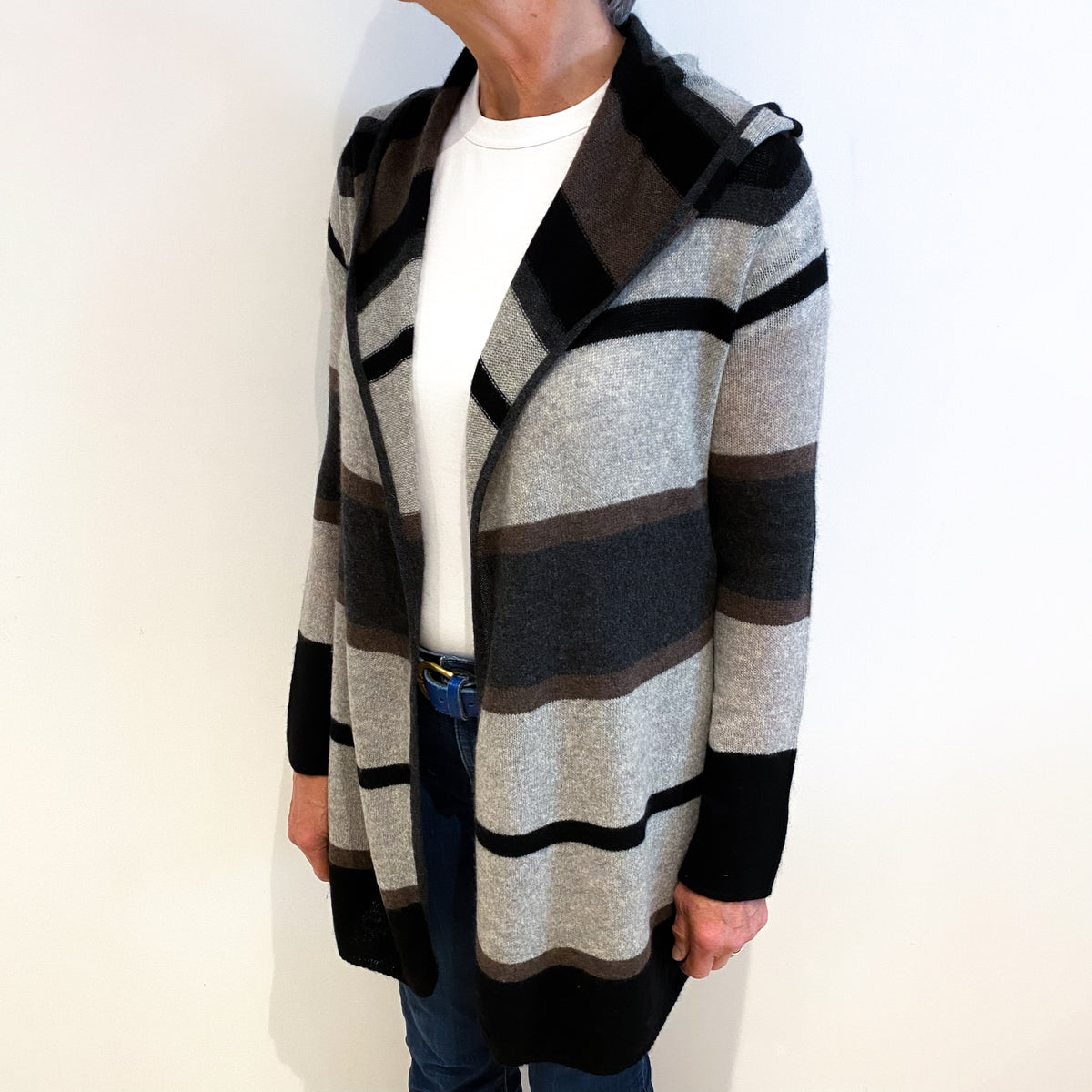 Grey And Brown Stripe Cashmere Cardigan Medium