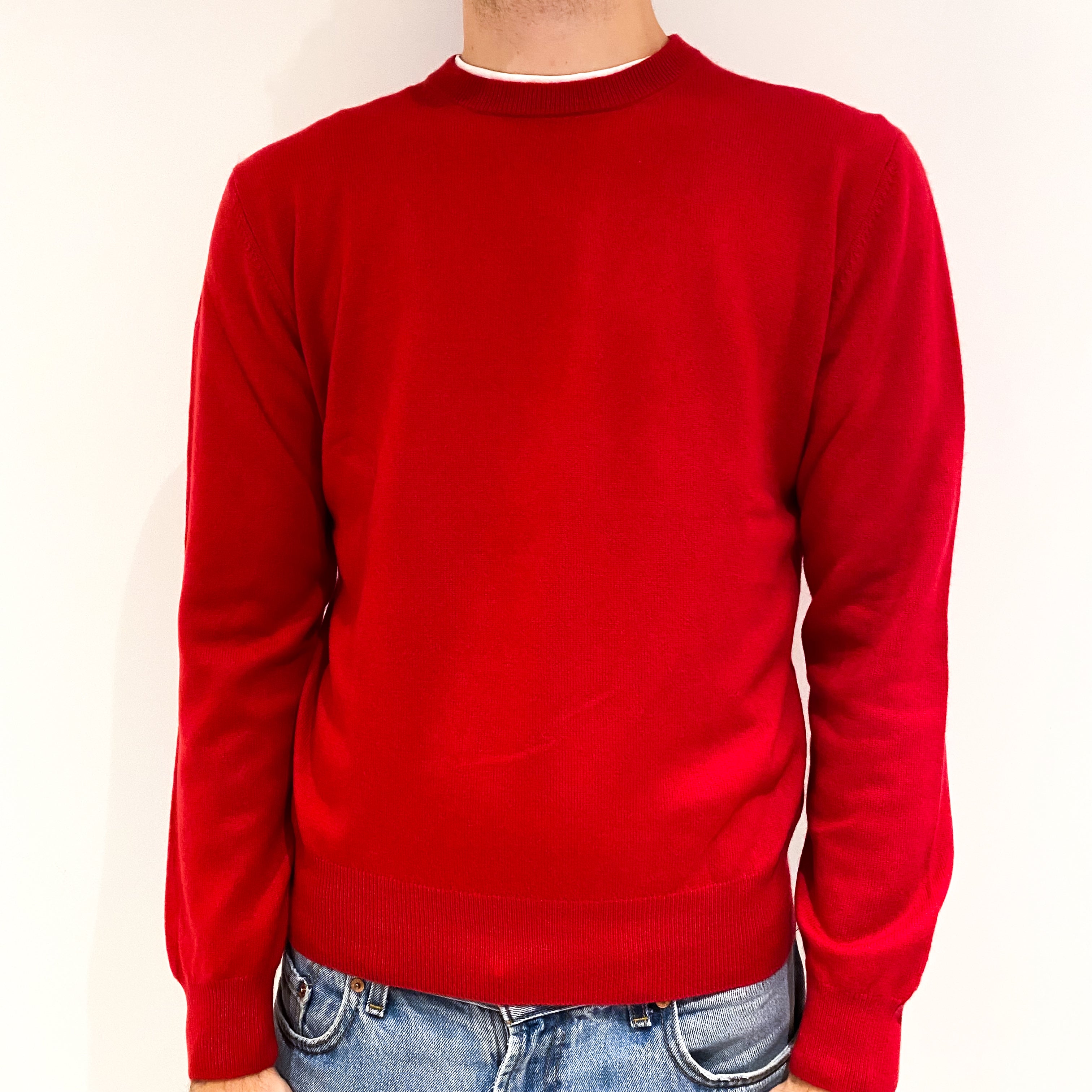 Men's Post Box Red Cashmere Crew Neck Jumper Medium