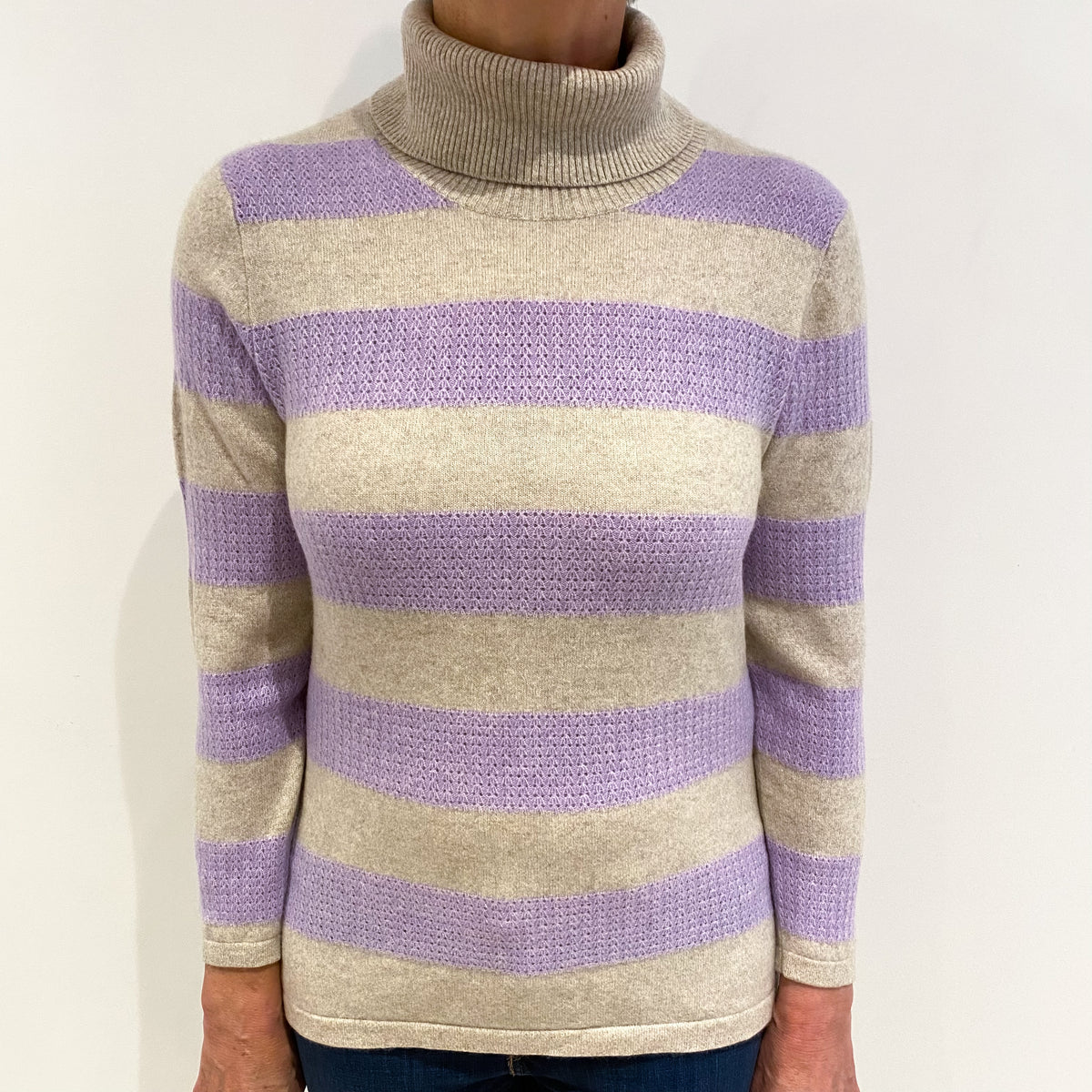 Oatmeal And Lavender Striped Cashmere Polo Neck Jumper Medium