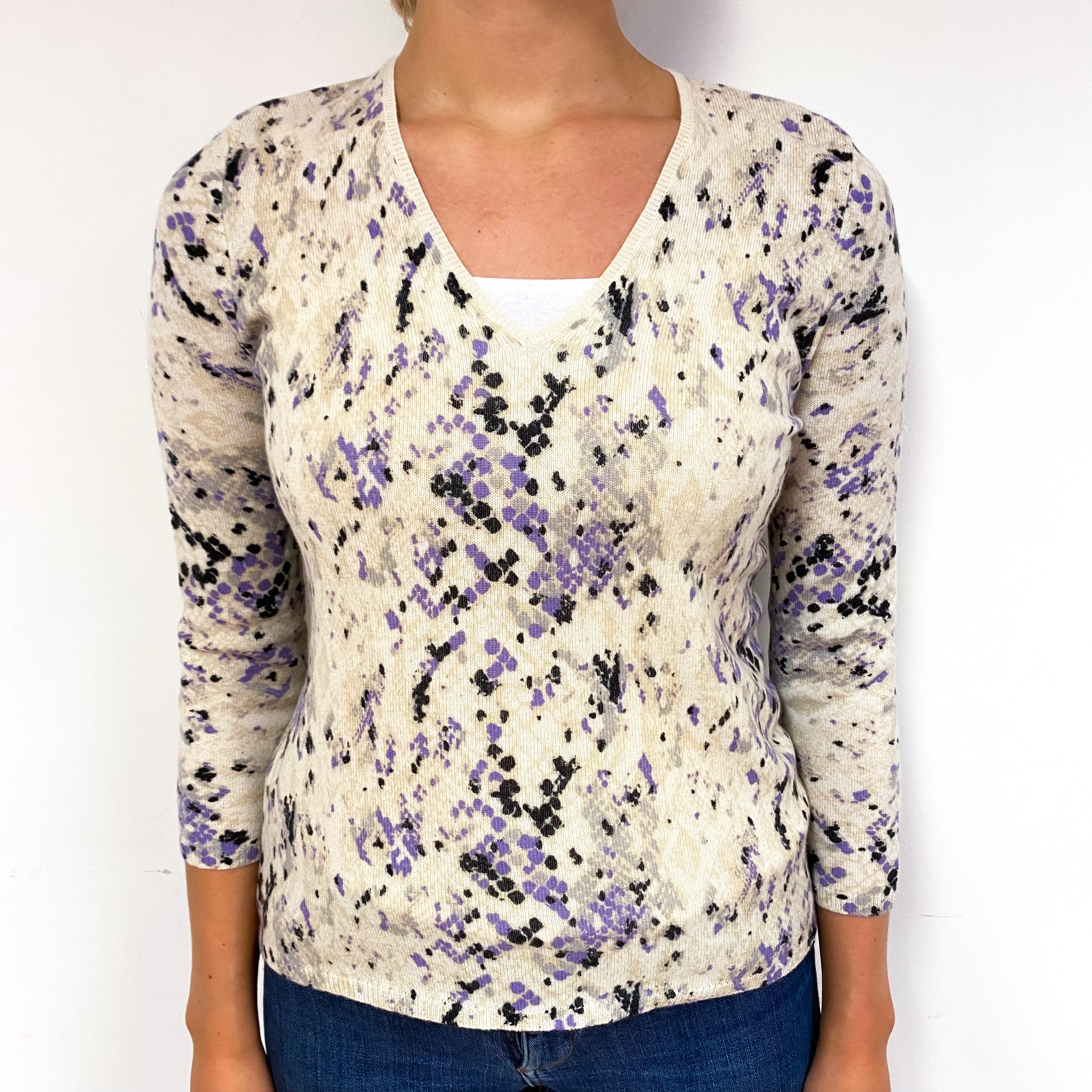Cream Purple Splatter Cashmere V-Neck Jumper Small