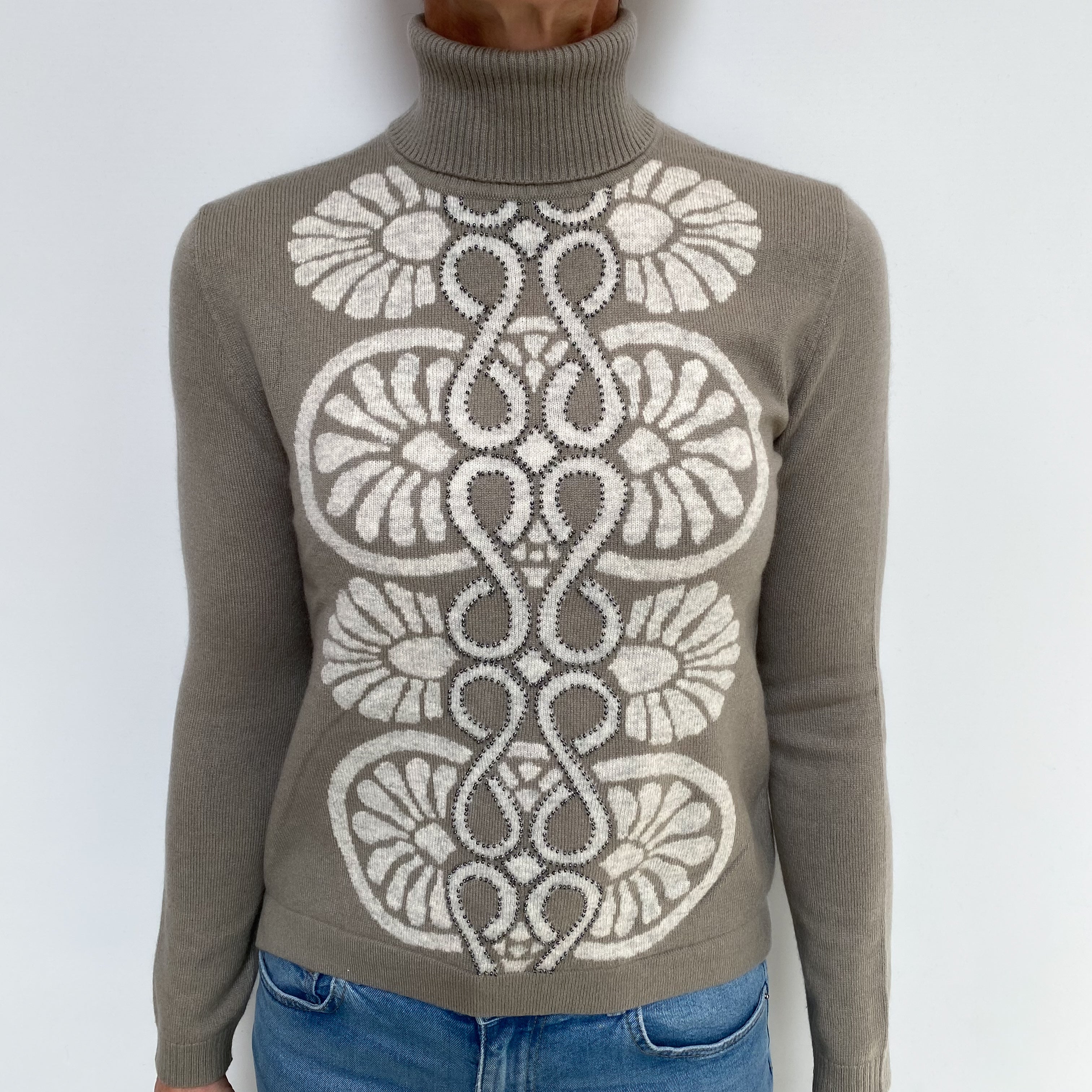 Pale Khaki Cashmere Polo Neck Jumper Small