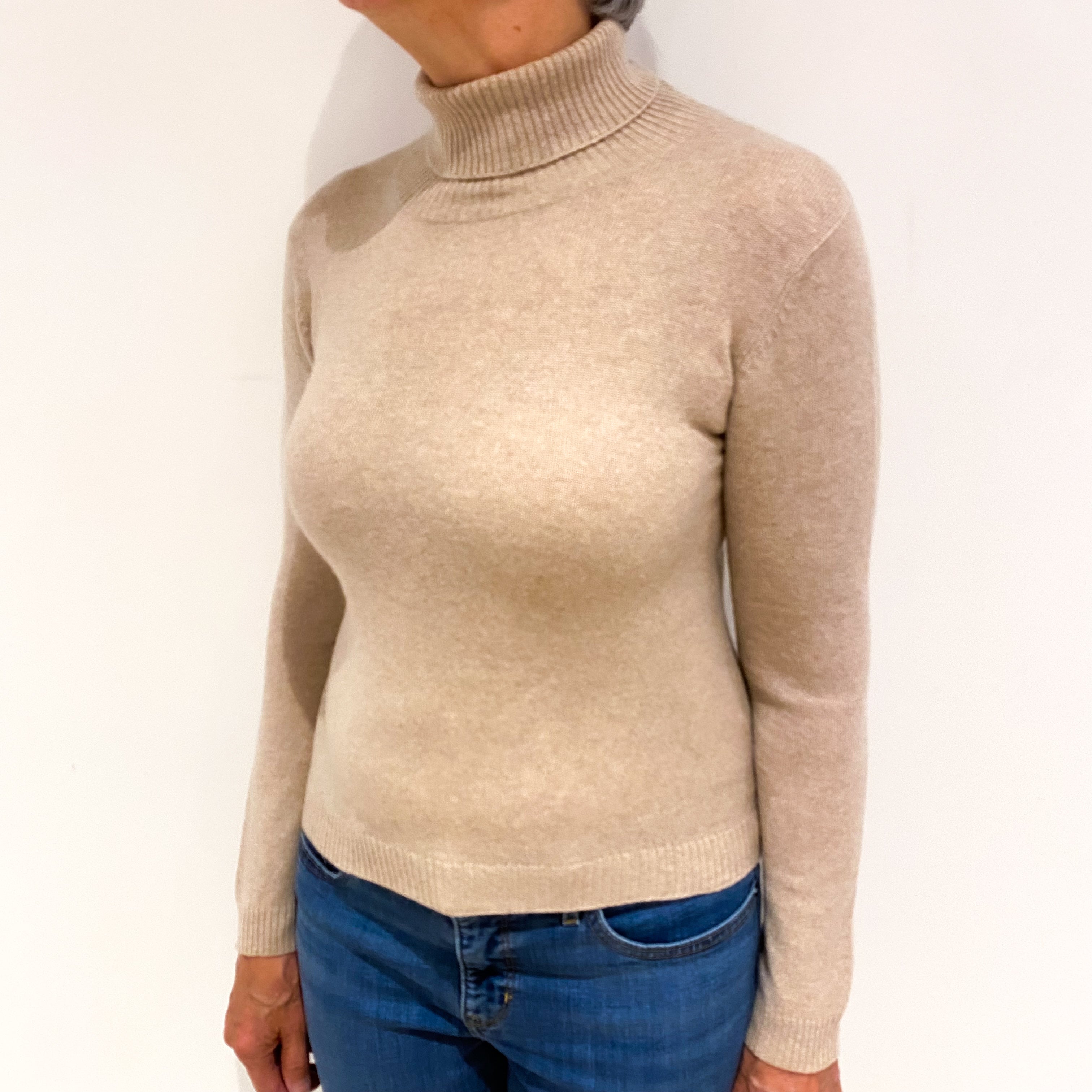 Oatmeal Beige Cashmere Polo Neck Jumper Medium